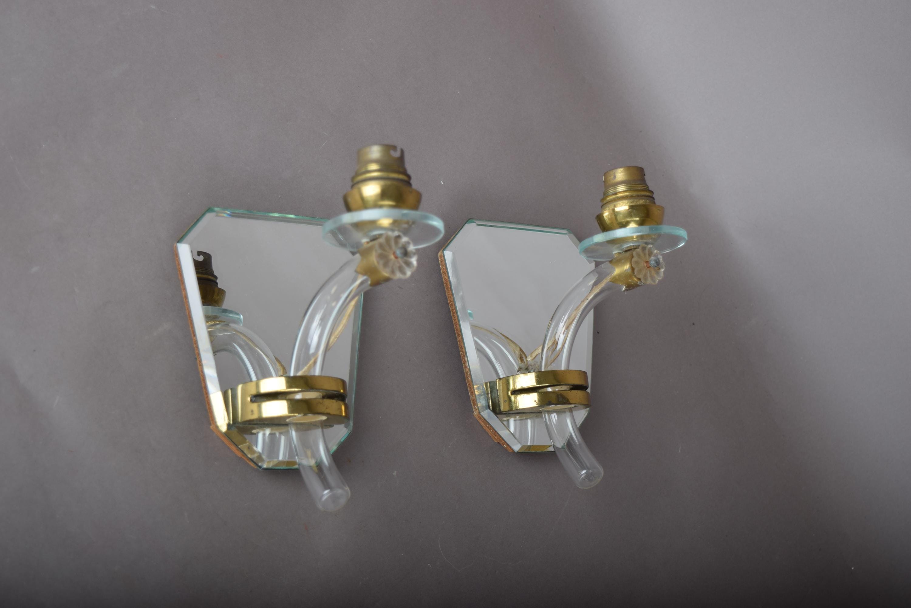 Mirror Wall Sconces Pair, Art Deco Style Mirrored Sconces with Glass Arms — French, 1940s