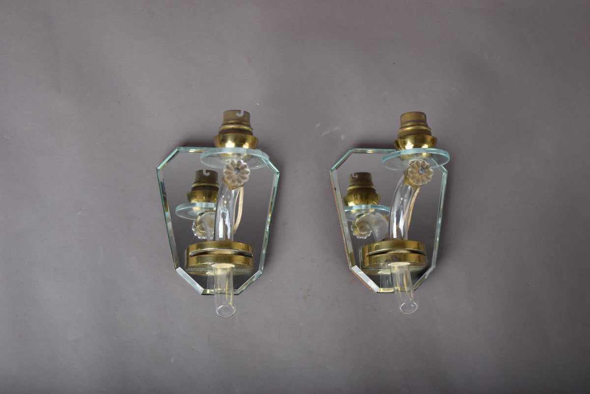 Mirror Wall Sconces Pair, Art Deco Style Mirrored Sconces with Glass Arms — French, 1940s