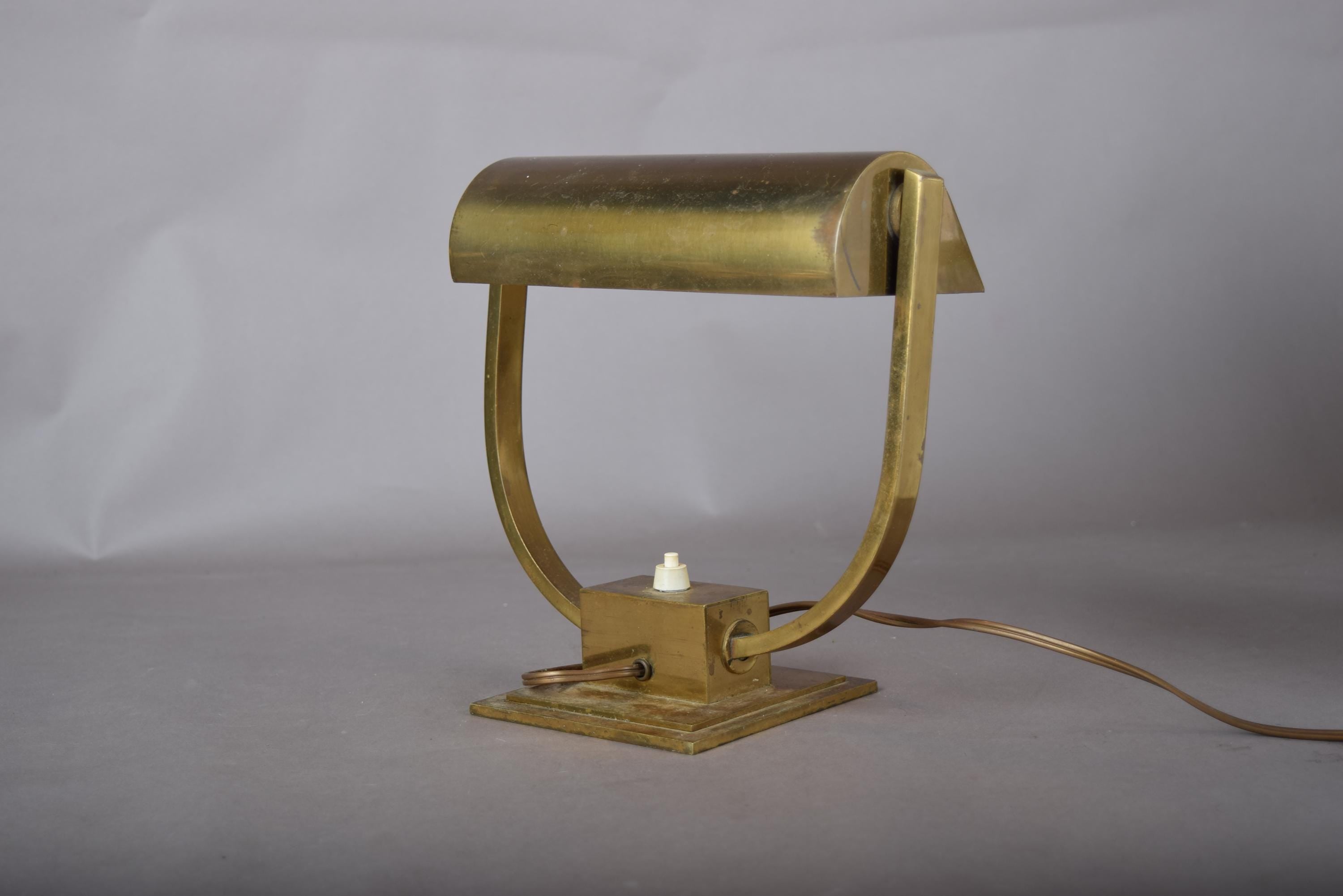 Art Deco Style Desk Lamp, Heavy Brass Bankers Lamp with U Form Arm, Adjustable Shade — 1930s Attribution