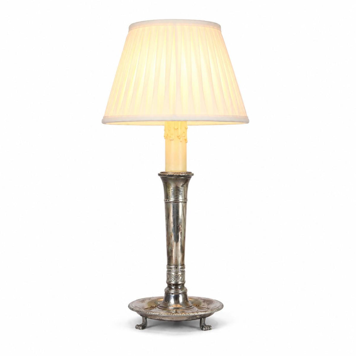 French Vintage Neoclassical Silver on Bronze Table Lamp with Pleated Shade