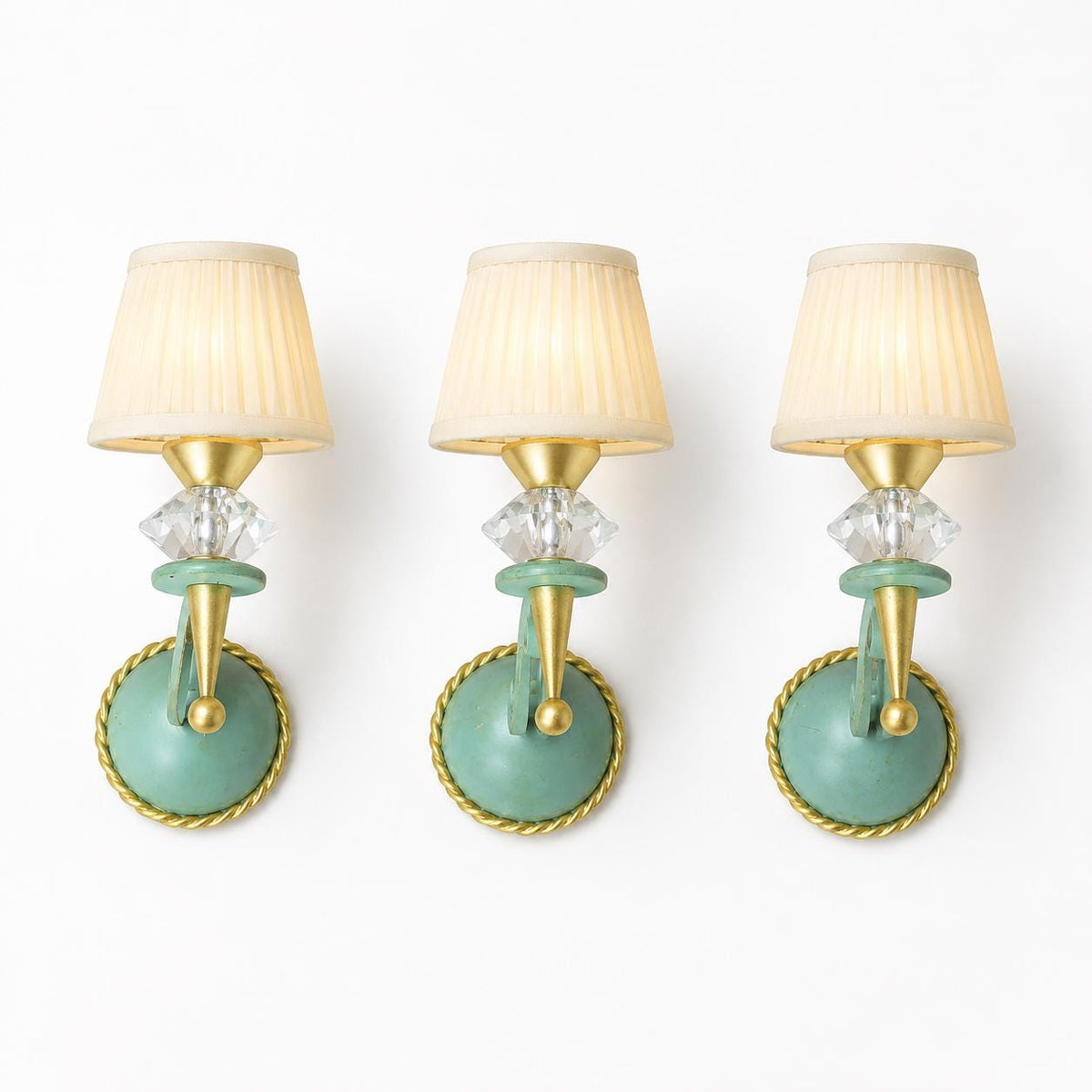 Set of Three Painted Metal Wall Sconces, Faceted Glass Drops, Scrolled Arm