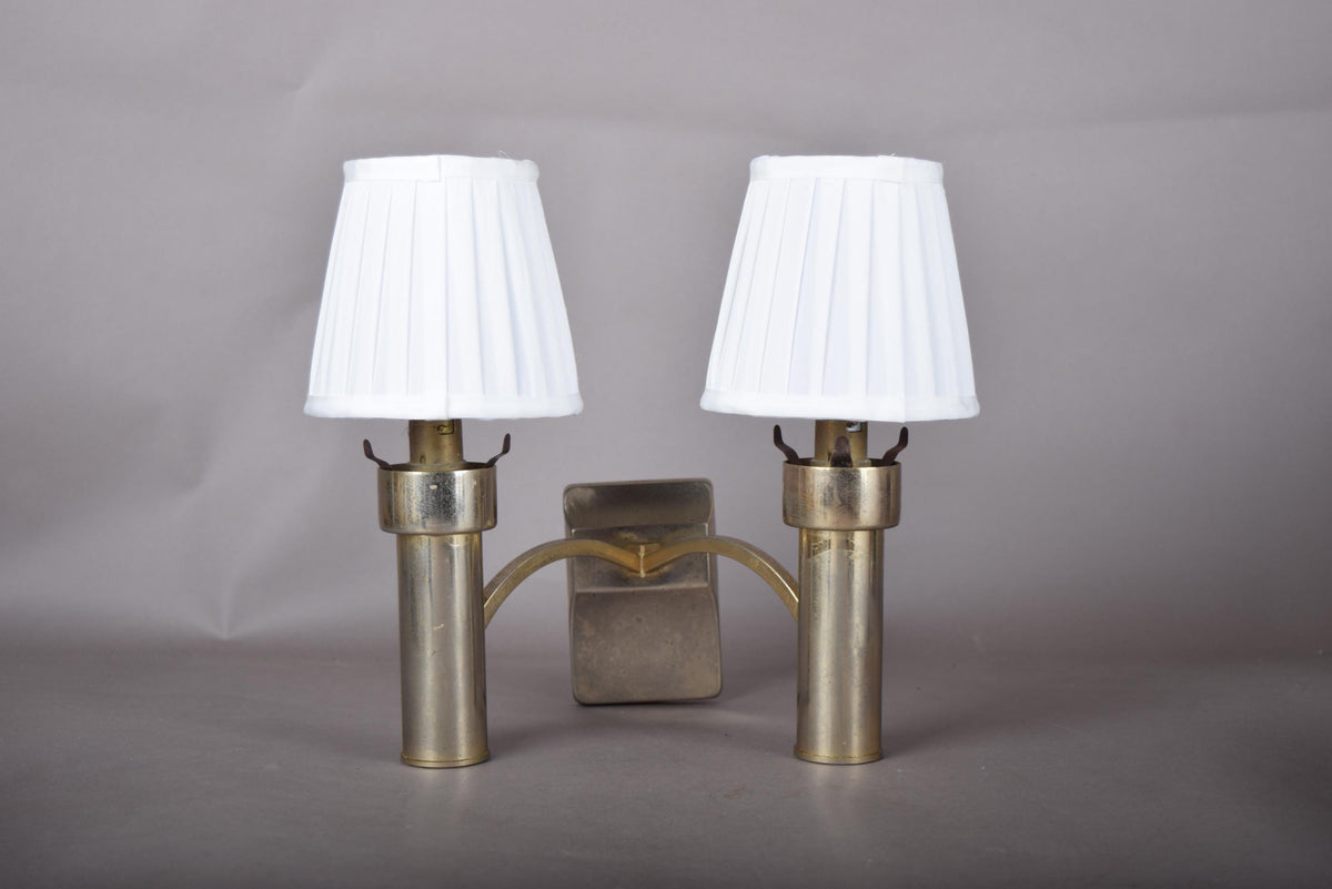 Double Wall Sconce, Modernist Brass Tone Two Light Cylinder Sconce with Pleated Shades