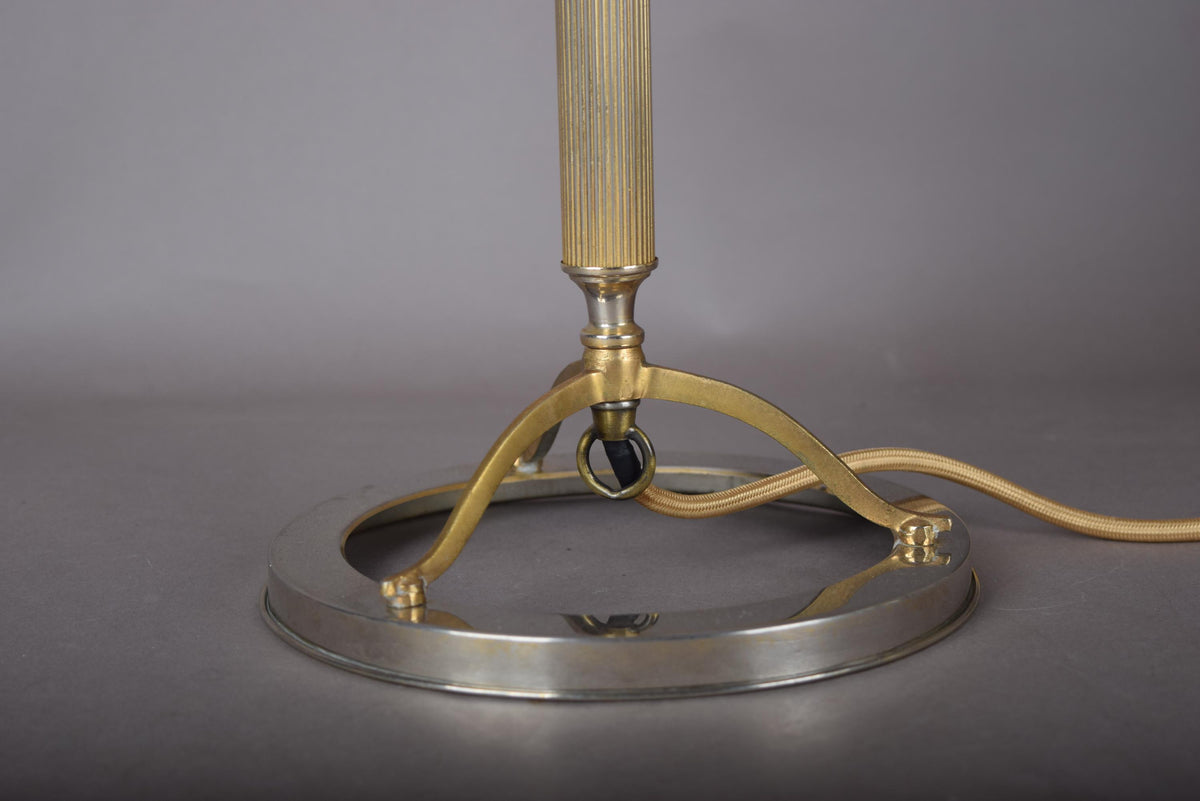 Mid Century Table Lamp, Ring Base Lamp with Arched Tripod and Reeded Column, Pleated Shade