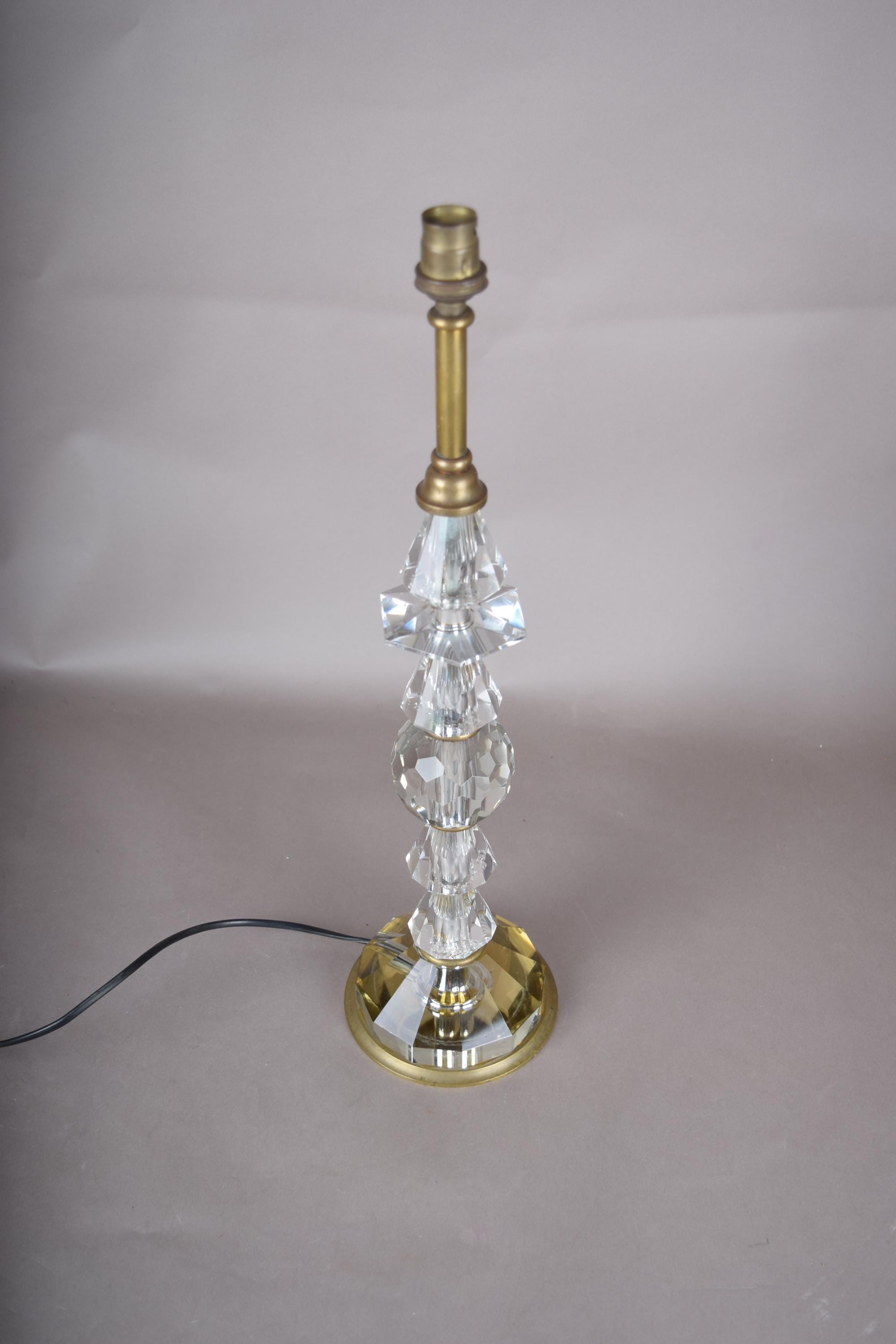 Tall Crystal Table Lamp, Stacked Faceted Glass and Brass Column Lamp — French, 1950s