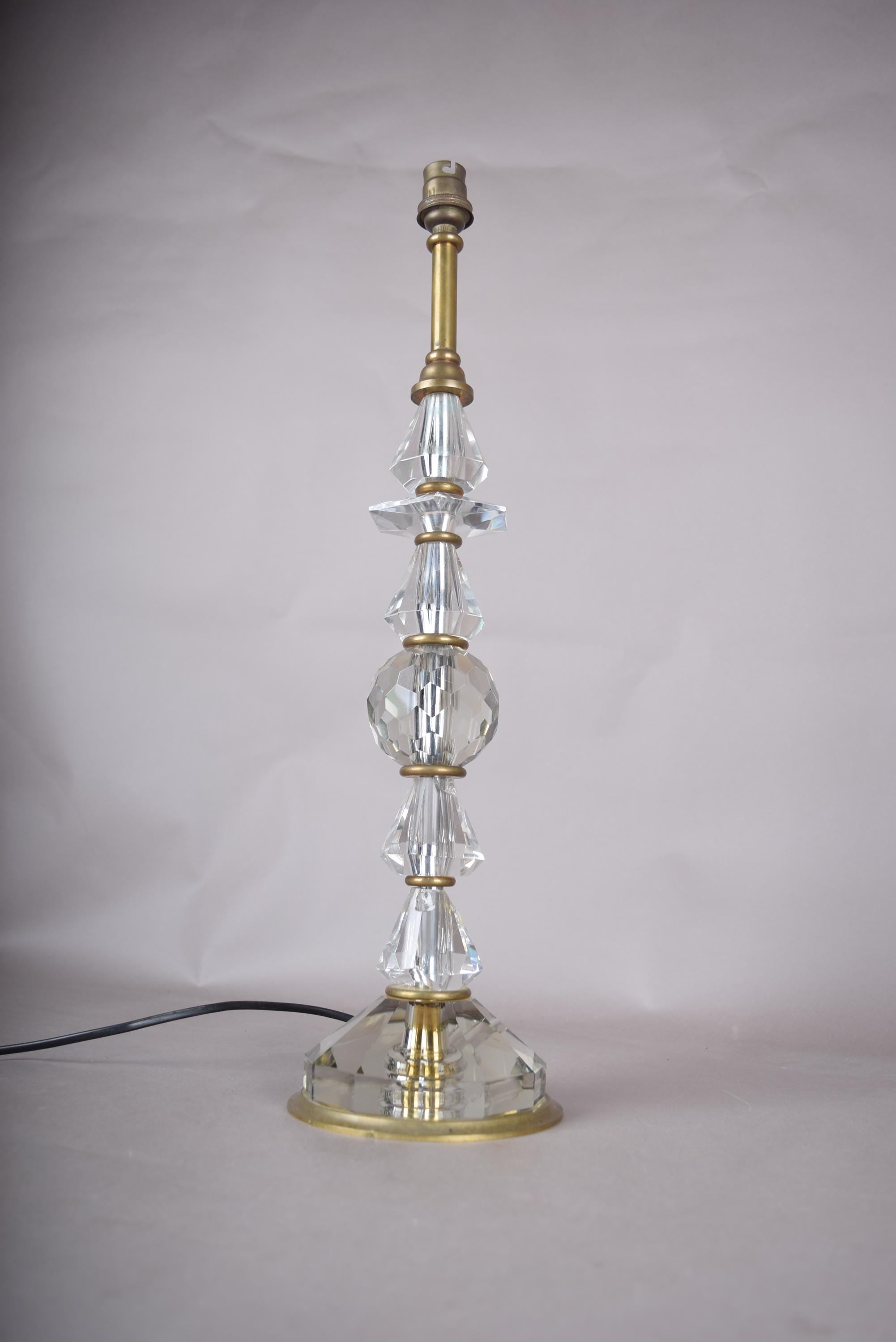 Tall Crystal Table Lamp, Stacked Faceted Glass and Brass Column Lamp — French, 1950s