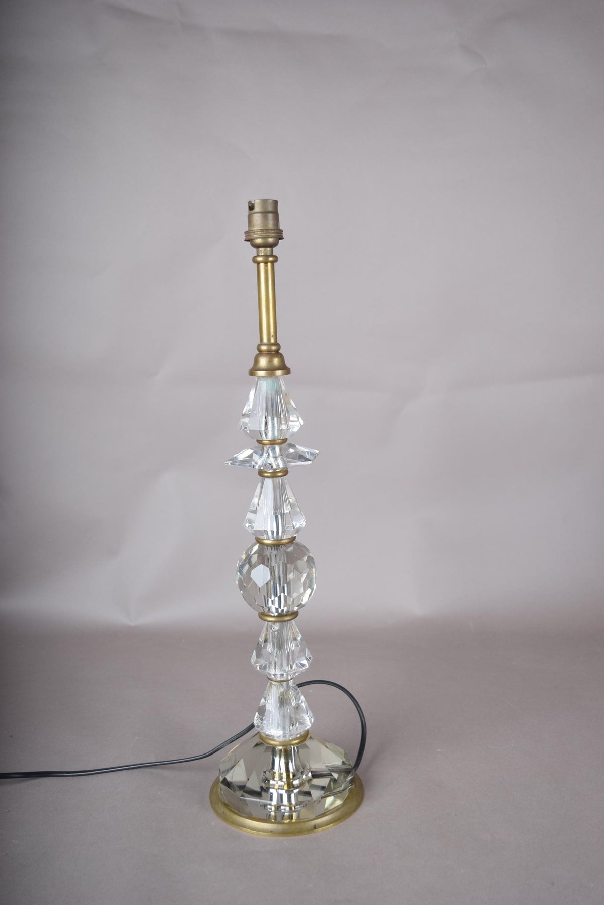 Tall Crystal Table Lamp, Stacked Faceted Glass and Brass Column Lamp — French, 1950s