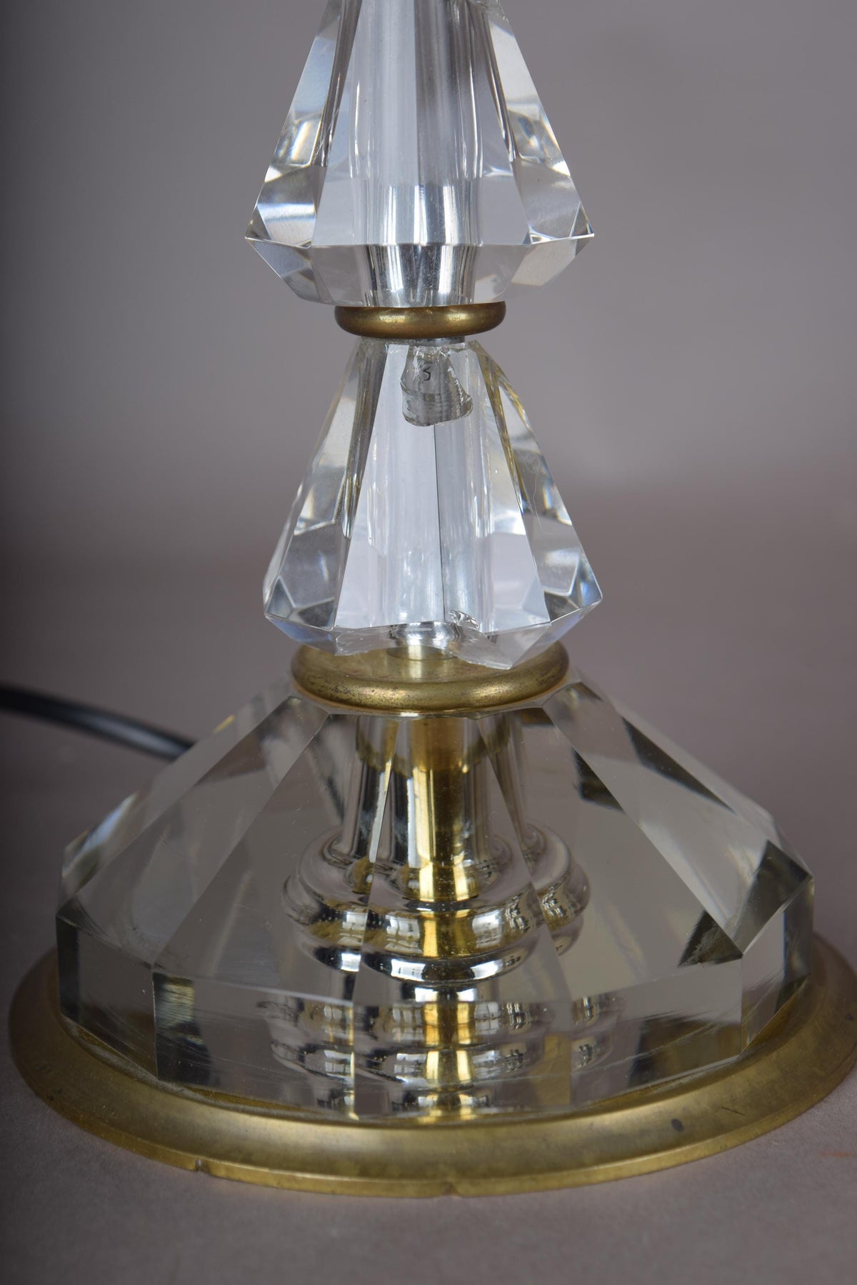 Tall Crystal Table Lamp, Stacked Faceted Glass and Brass Column Lamp — French, 1950s