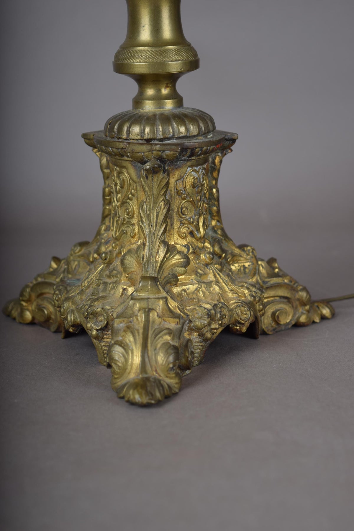 Candlestick Table Lamp, Gilt Tripod Base with Fluted Column and Green Tole Shade — French Style