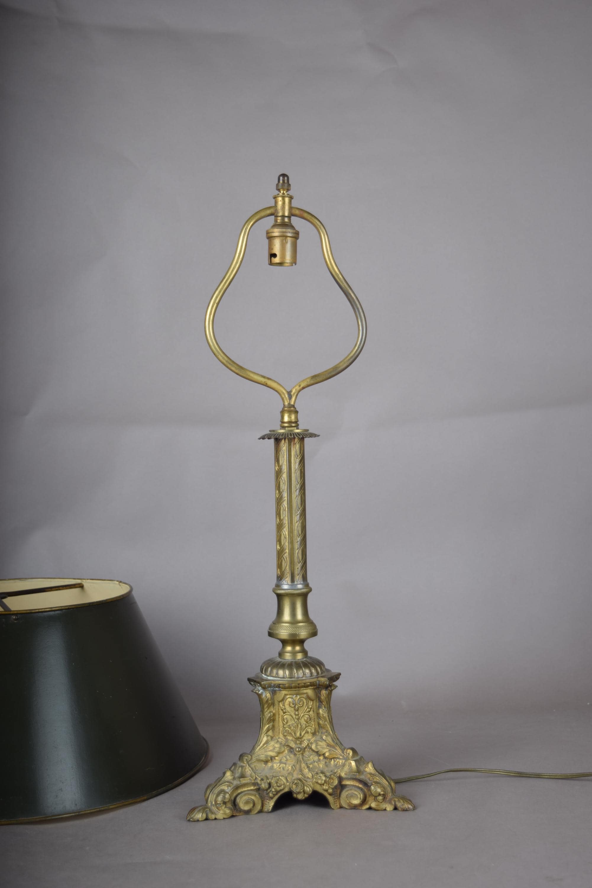 Candlestick Table Lamp, Gilt Tripod Base with Fluted Column and Green Tole Shade — French Style