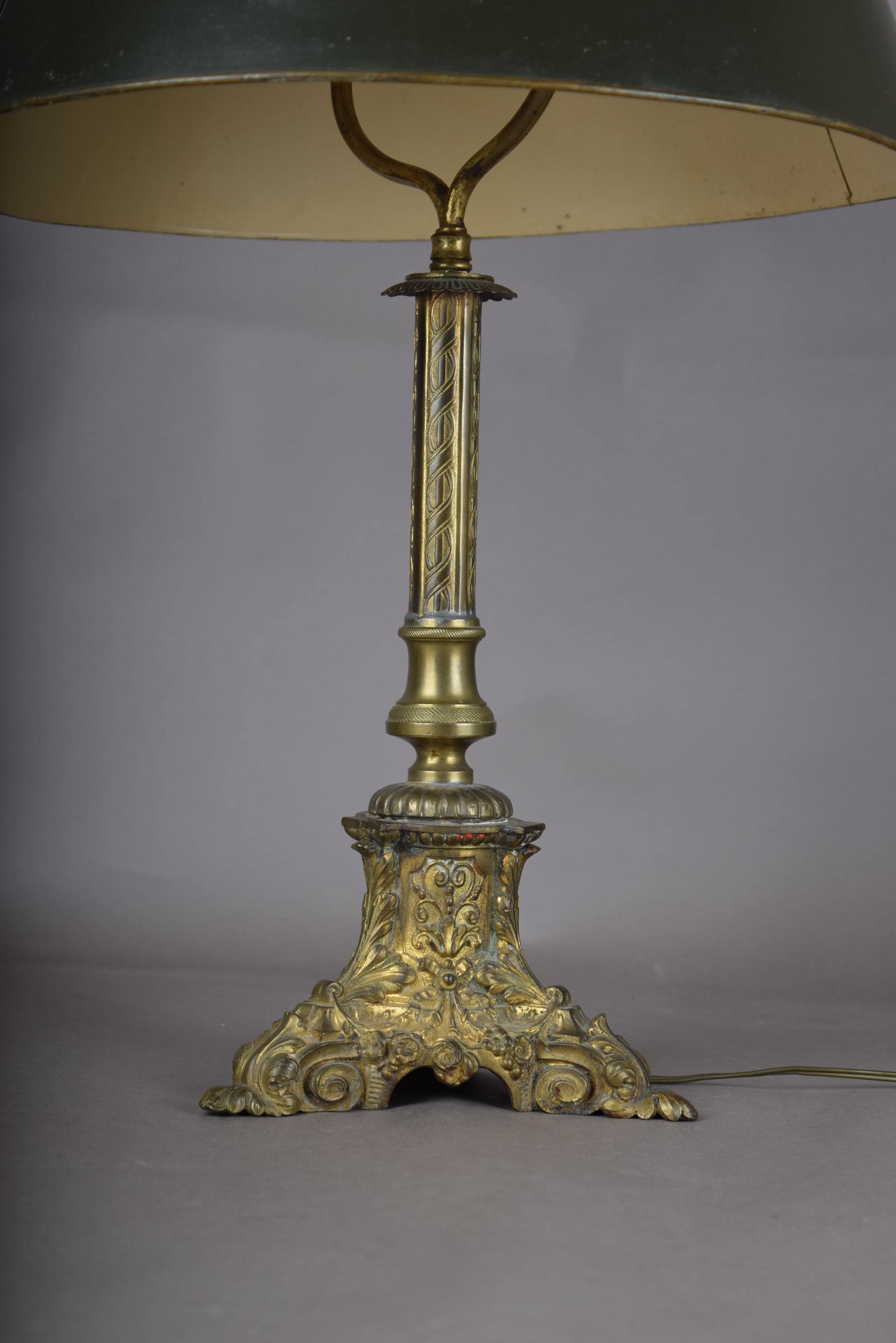 Candlestick Table Lamp, Gilt Tripod Base with Fluted Column and Green Tole Shade — French Style