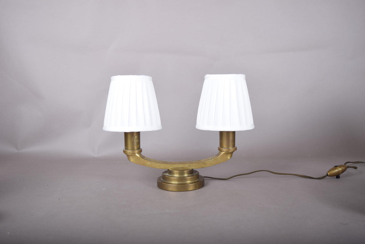 bronze Twin-Arm Table Lamp, Art Deco Style, Stepped Circular Base