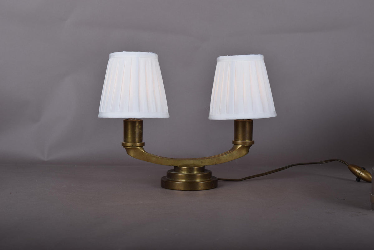 bronze Twin-Arm Table Lamp, Art Deco Style, Stepped Circular Base
