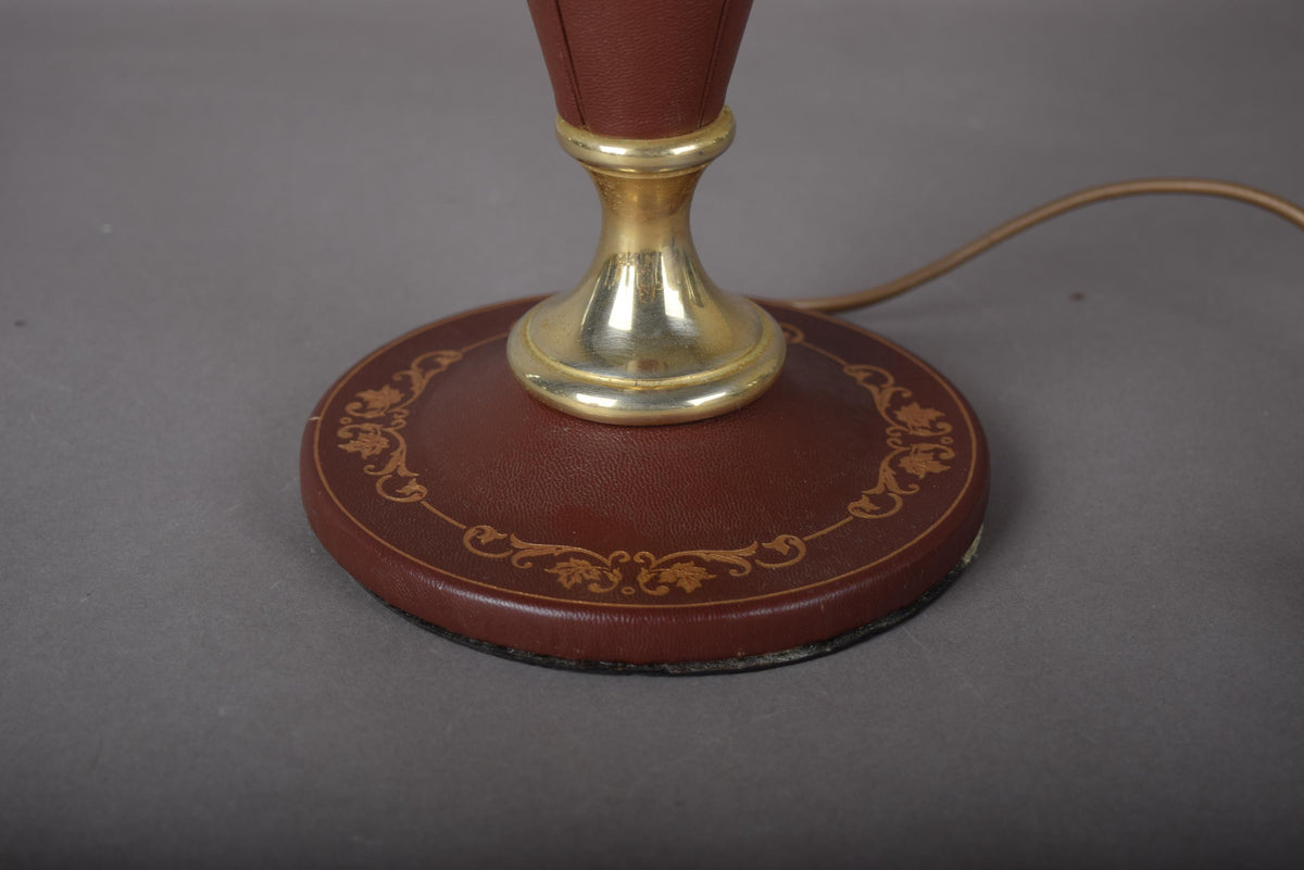 Leather Table Lamp, Burgundy Stitched Leather Baluster Lamp with Gilt Tooled Base — French Style