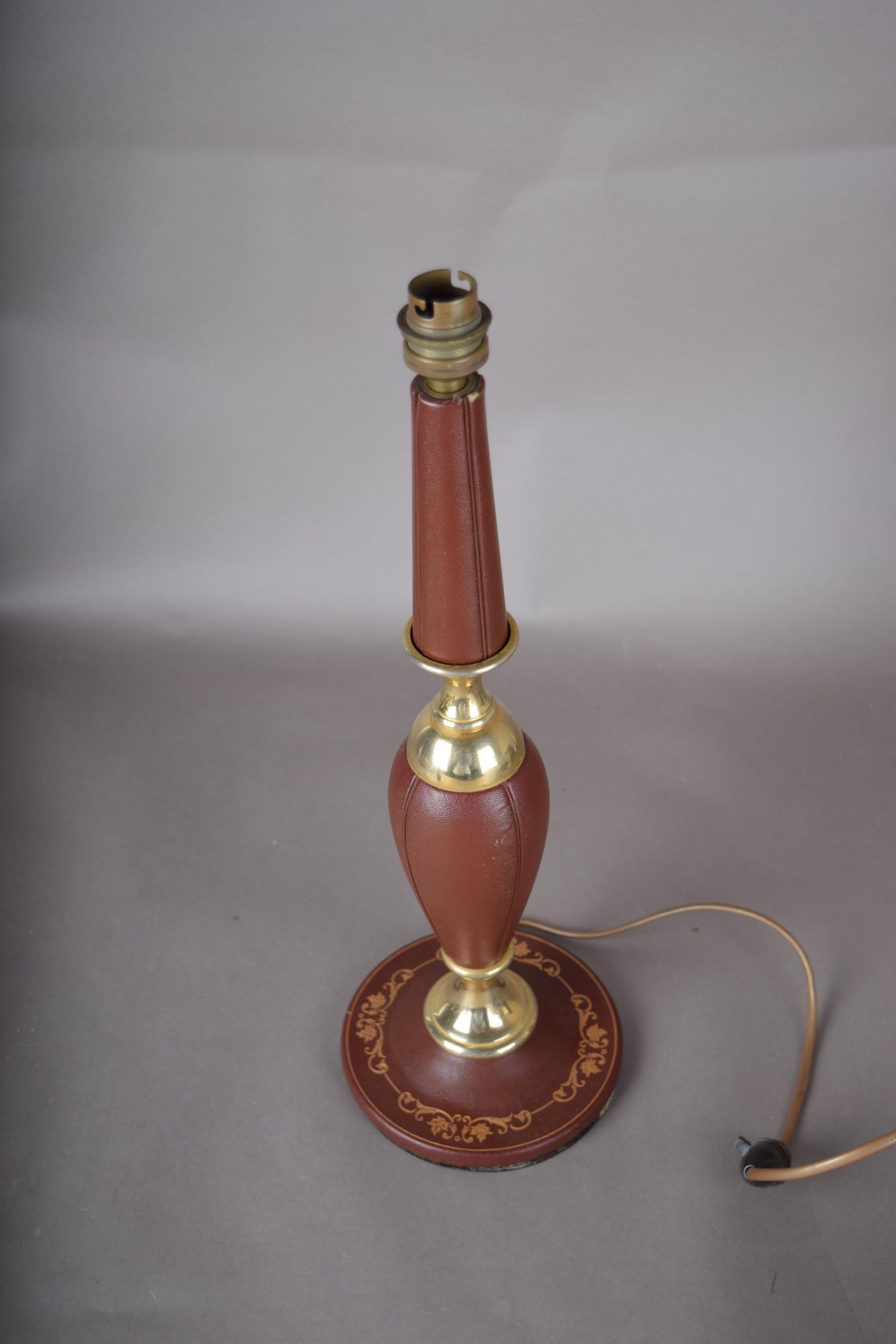 Leather Table Lamp, Burgundy Stitched Leather Baluster Lamp with Gilt Tooled Base — French Style