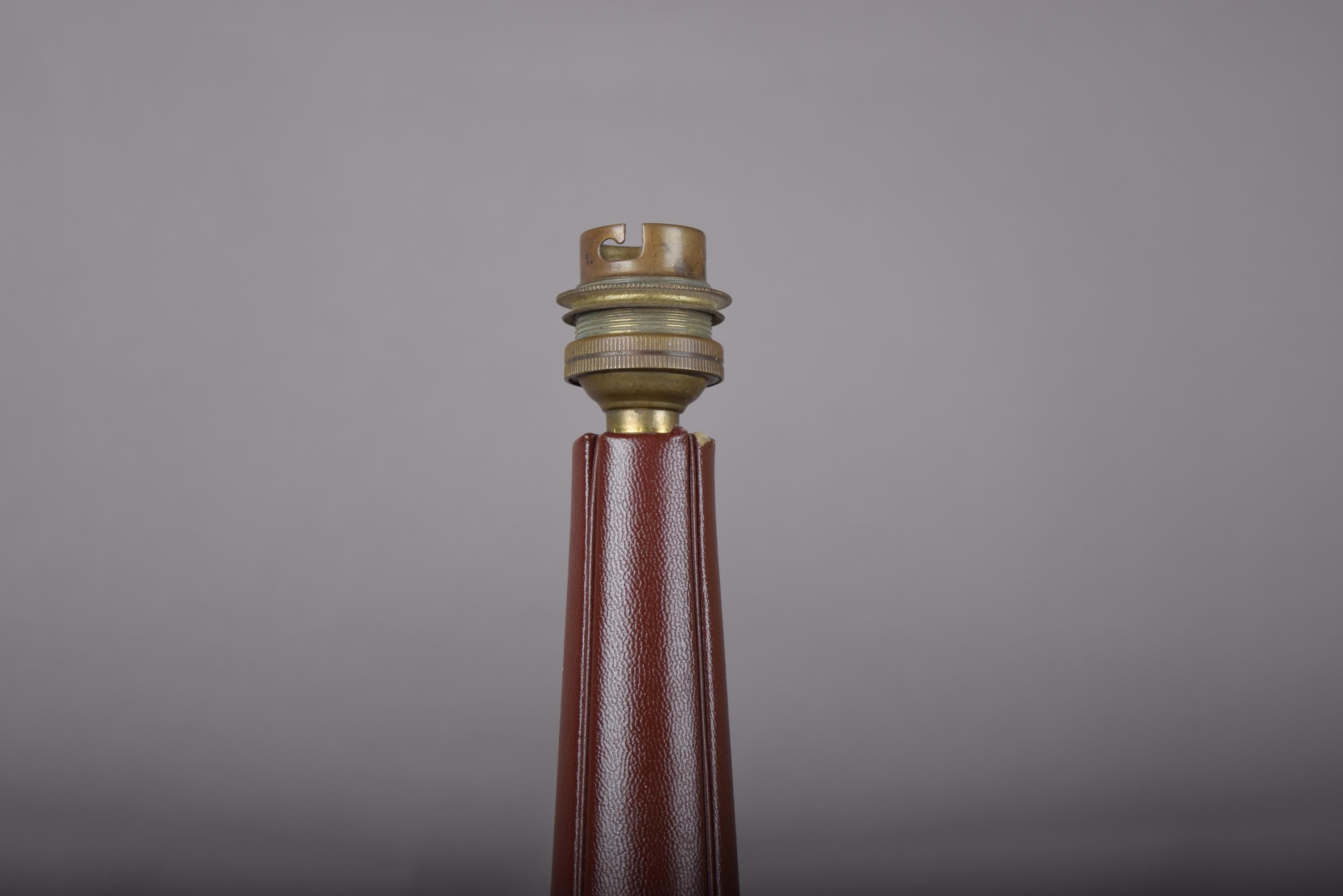 Leather Table Lamp, Burgundy Stitched Leather Baluster Lamp with Gilt Tooled Base — French Style