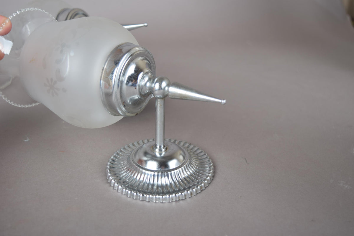 Pair of Chrome Wall Sconces, Etched Frosted Glass Shades, Beaded Rim Detail