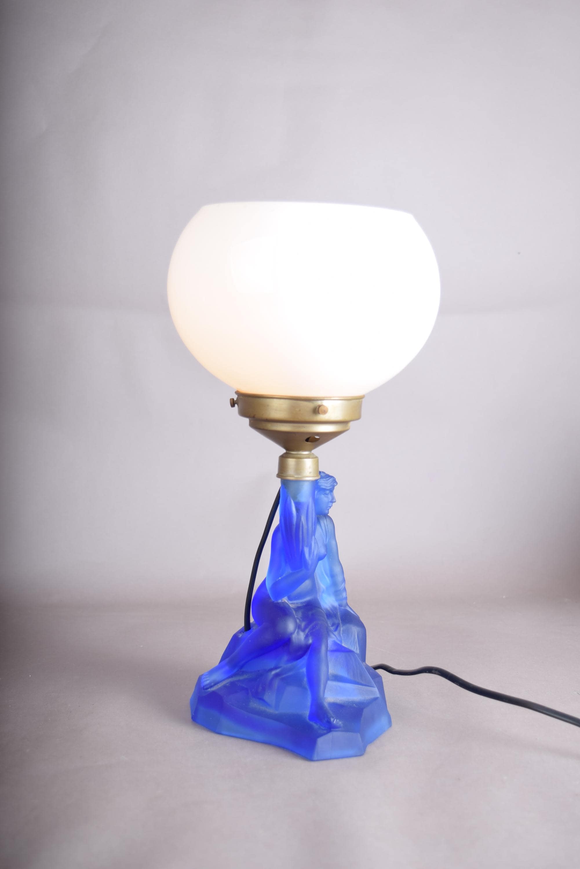 Art Deco Lady Lamp, Walther and Sohne Attributed Blue Frosted Glass Figural Lamp with Globe — German, 1930s