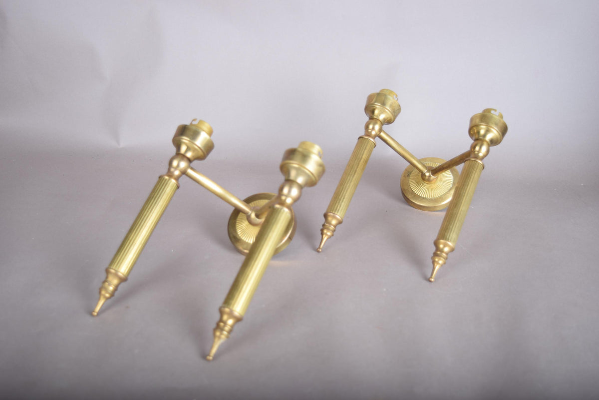 Pair of Gilt Brass Two-Arm Wall Sconces, Fluted Candle-Style Arms, French Design, 1950s
