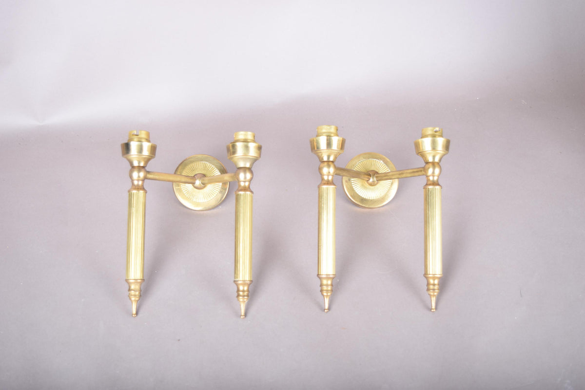 Pair of Gilt Brass Two-Arm Wall Sconces, Fluted Candle-Style Arms, French Design, 1950s