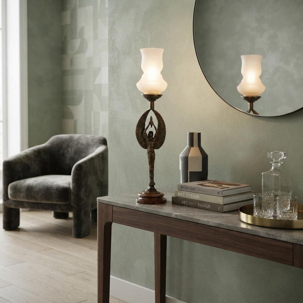 Gilt Metal Figural Table Lamp, Winged Female Figure, Wood Base, Frosted Glass Shade