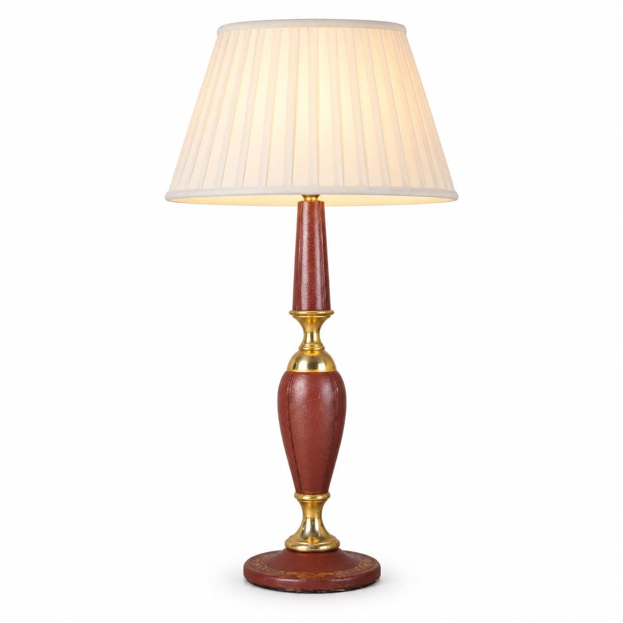 Leather Table Lamp, Burgundy Stitched Leather Baluster Lamp with Gilt Tooled Base — French Style