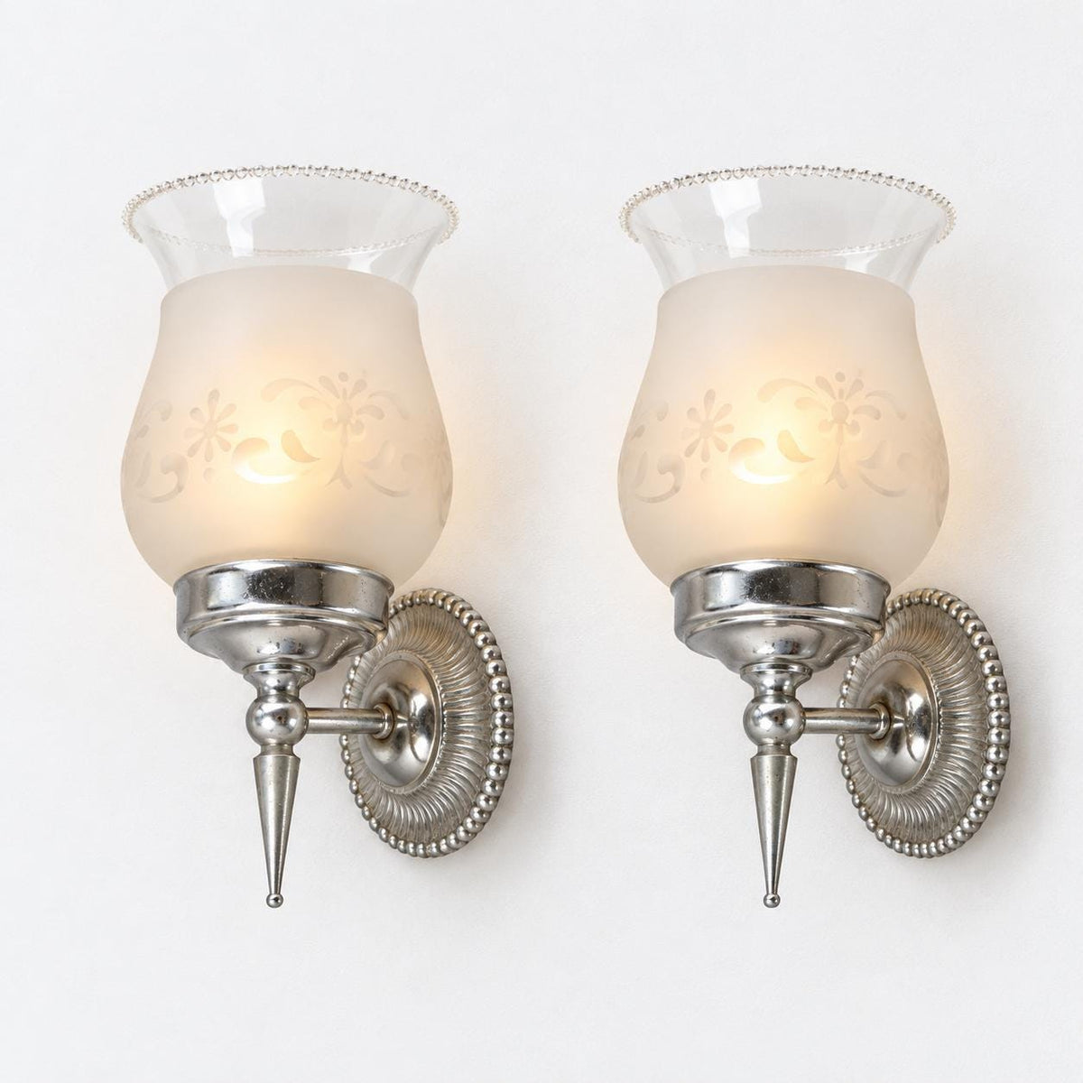 Pair of Chrome Wall Sconces, Etched Frosted Glass Shades, Beaded Rim Detail
