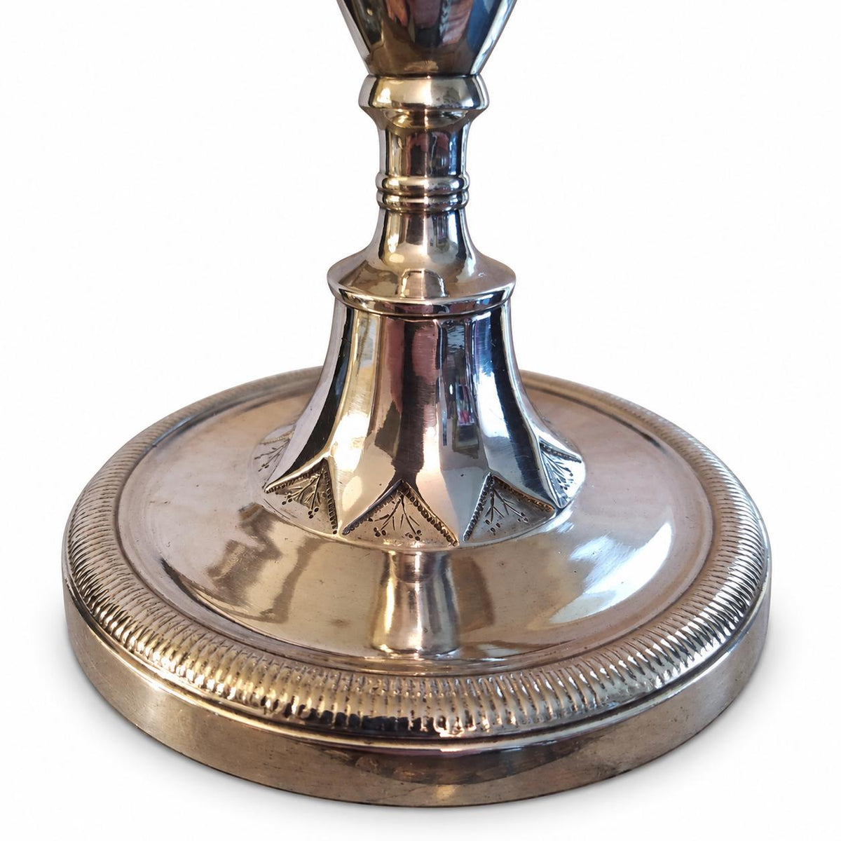 Silver Tone Candlestick, Geometric Chased Candle Holder with Ringed Column — French Style, Art Deco Taste