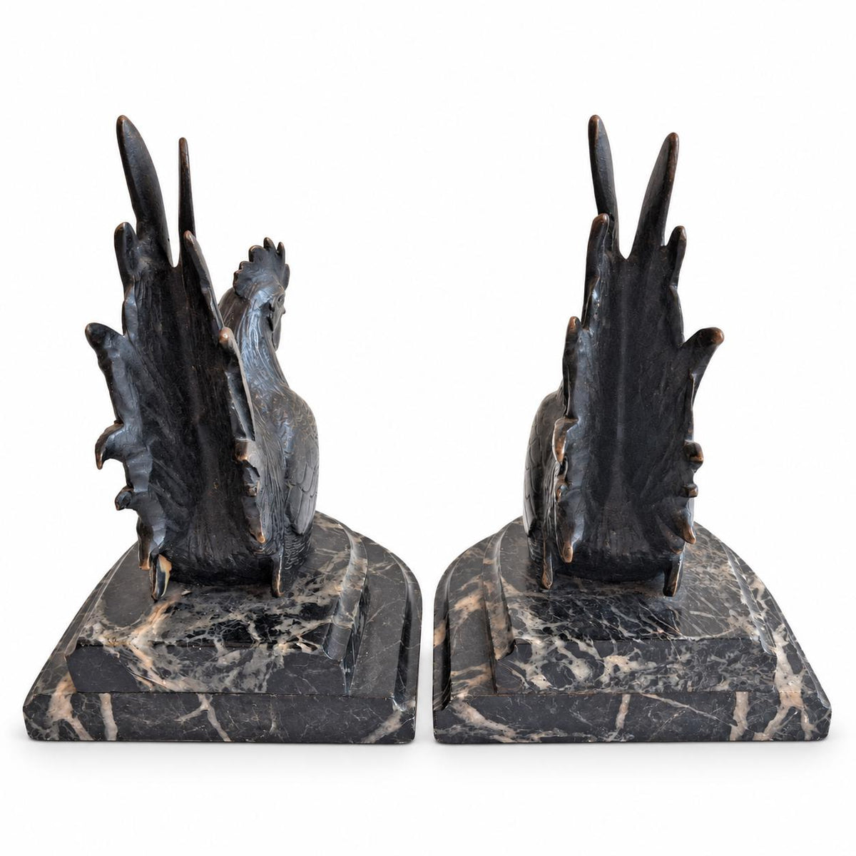 Rooster Bookends Pair, Carlos Van Dionant Signed Bronze Cockerels on Green Marble — Belgian, Early 20th Century
