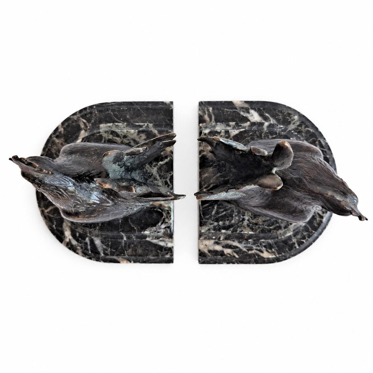 Rooster Bookends Pair, Carlos Van Dionant Signed Bronze Cockerels on Green Marble — Belgian, Early 20th Century