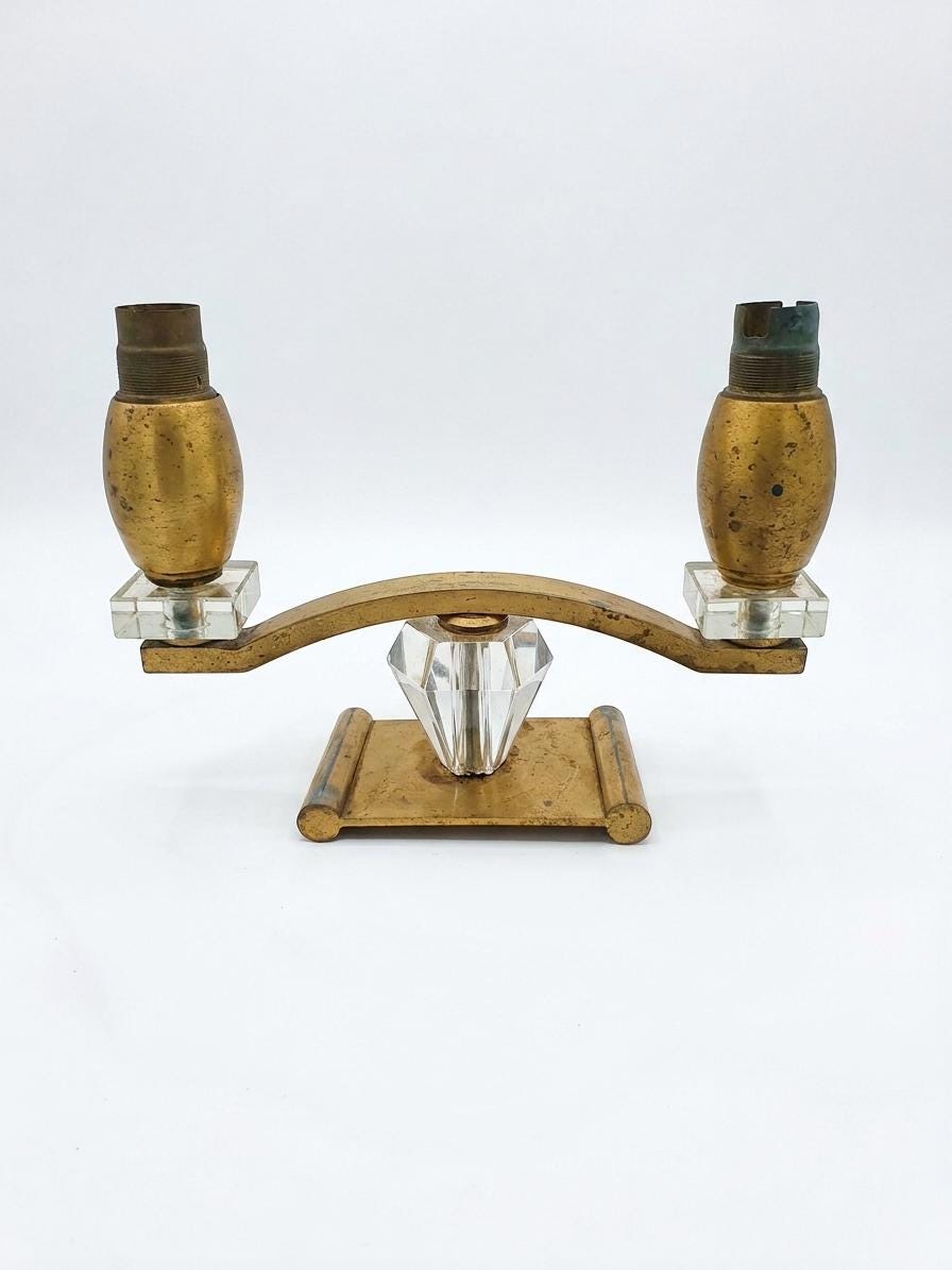 Vintage Art Deco Style Brass and Cut Crystal Two-Light Table Lamp, circa 1940