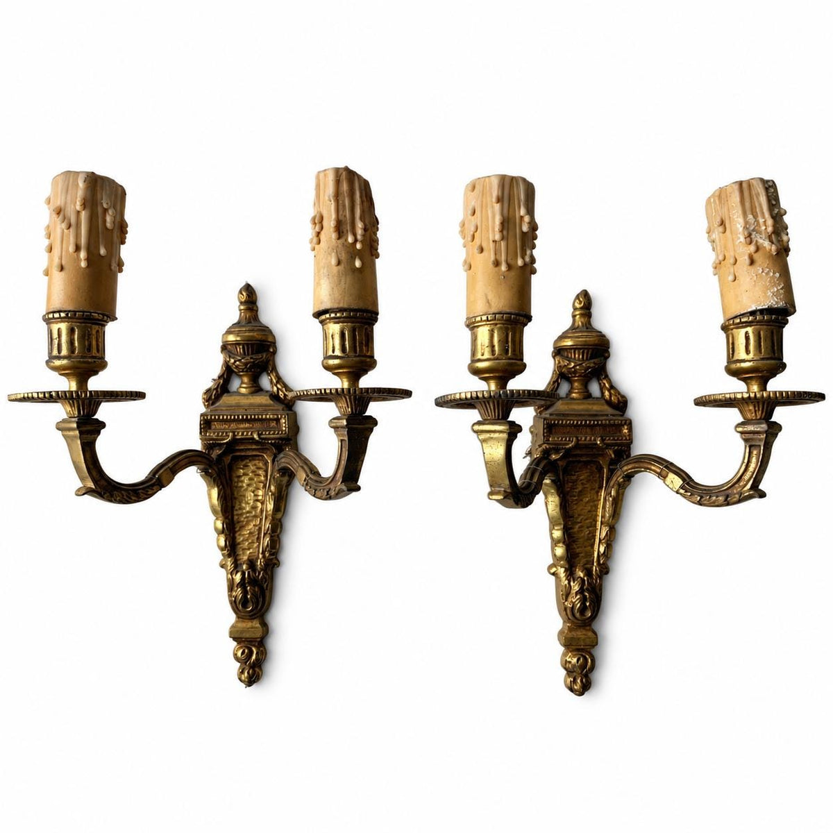 Pair of Antique French Bronze Wall Sconces, Louis XVI Style Double Arm Candle Lights — France, Early 20th Century