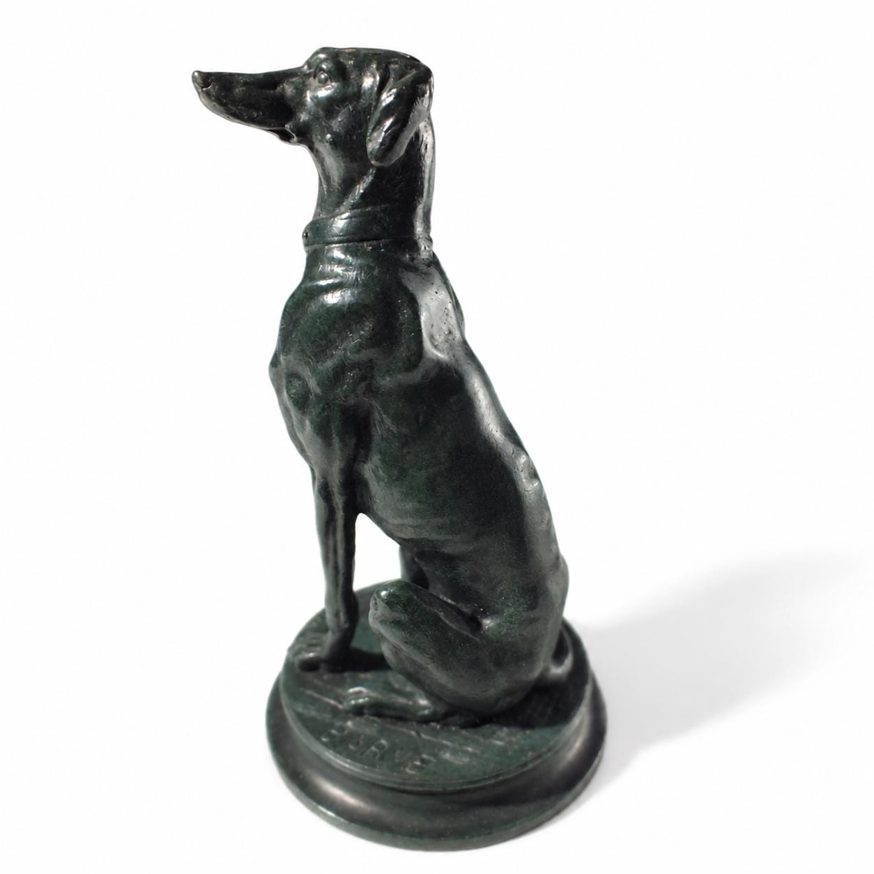 Antique Bronze Sitting Dog Sculpture, Signed Barye, Green Patina — French, Late 19th Early 20th Century