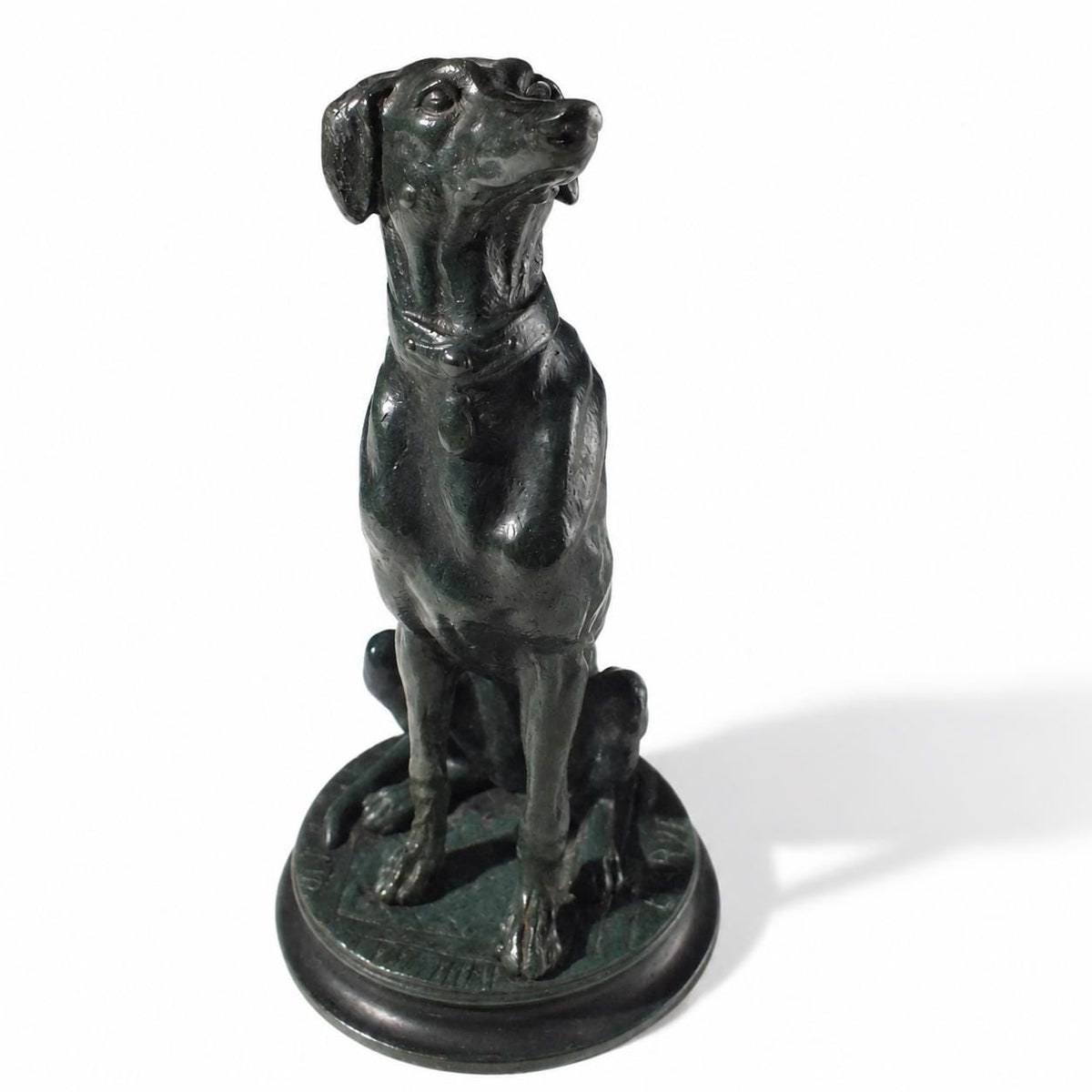 Antique Bronze Sitting Dog Sculpture, Signed Barye, Green Patina — French, Late 19th Early 20th Century