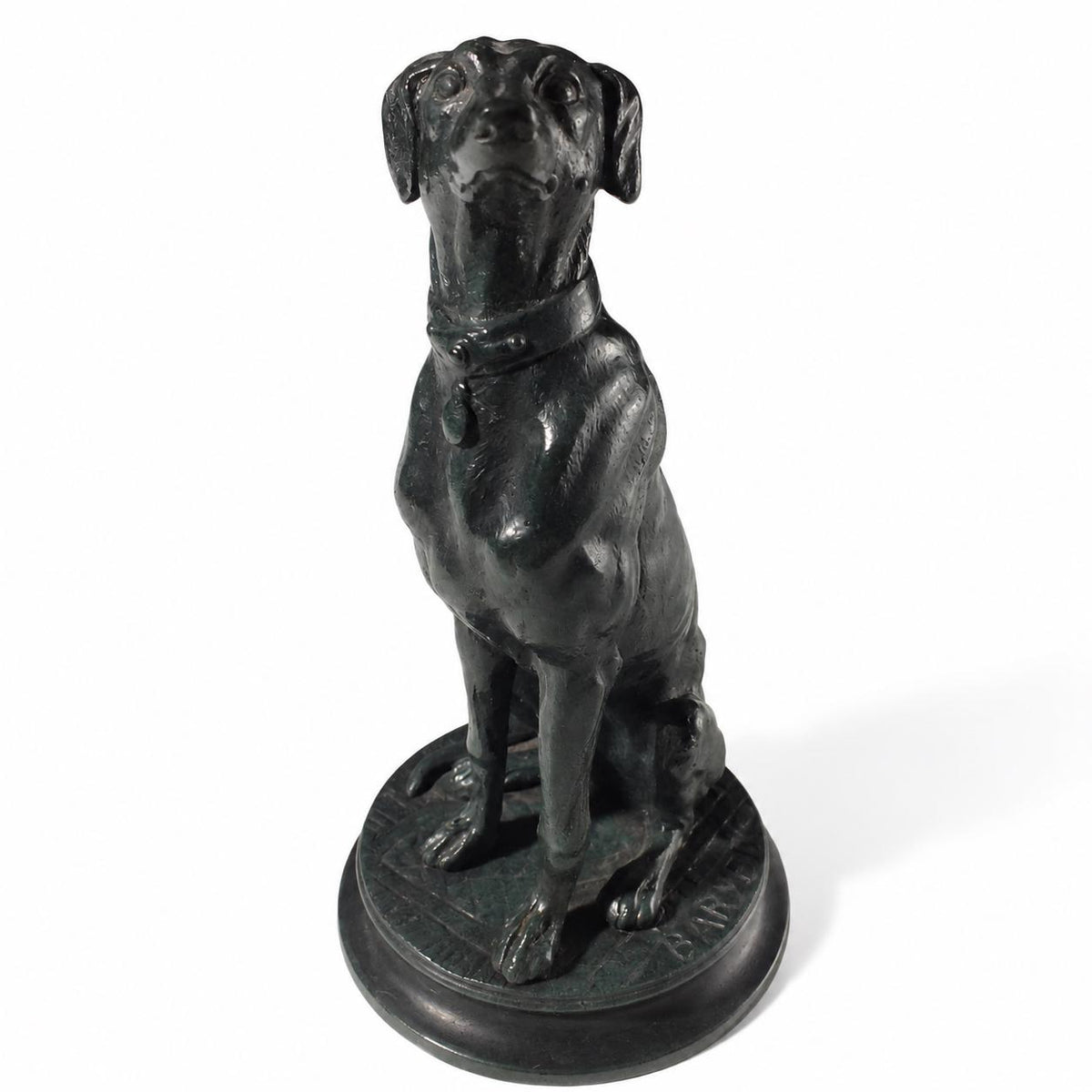 Antique Bronze Sitting Dog Sculpture, Signed Barye, Green Patina — French, Late 19th Early 20th Century