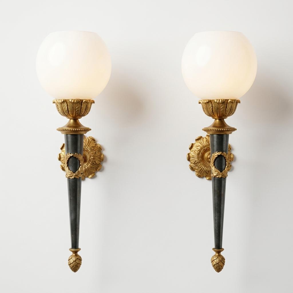 Pair of French Empire Style Wall Sconces, Gilt Bronze and Green Patina with Opaline Globes — France, Mid-20th Century