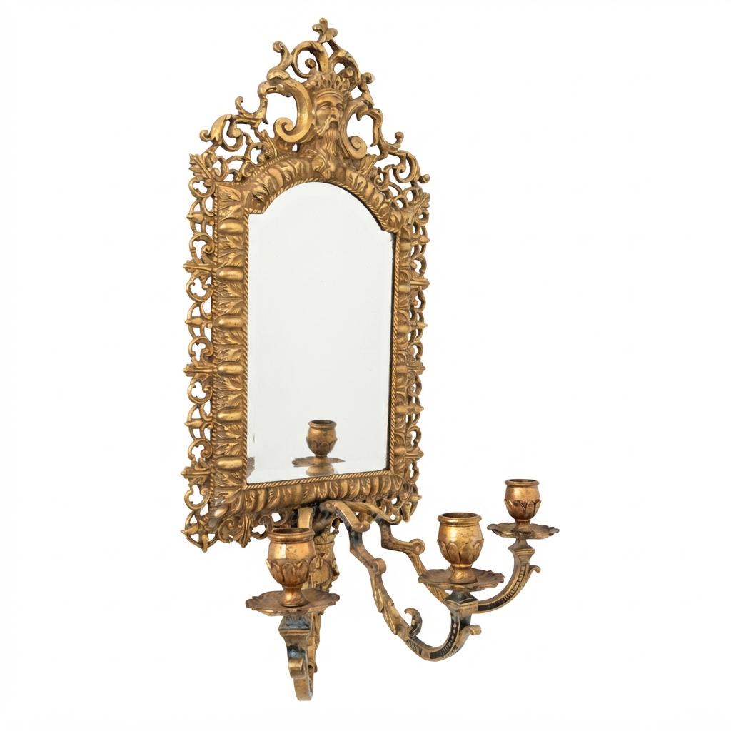 Antique Bronze Mirror Wall Sconce, Renaissance Style with Three Candle Arms and Mask Crest — Continental, 19th Century