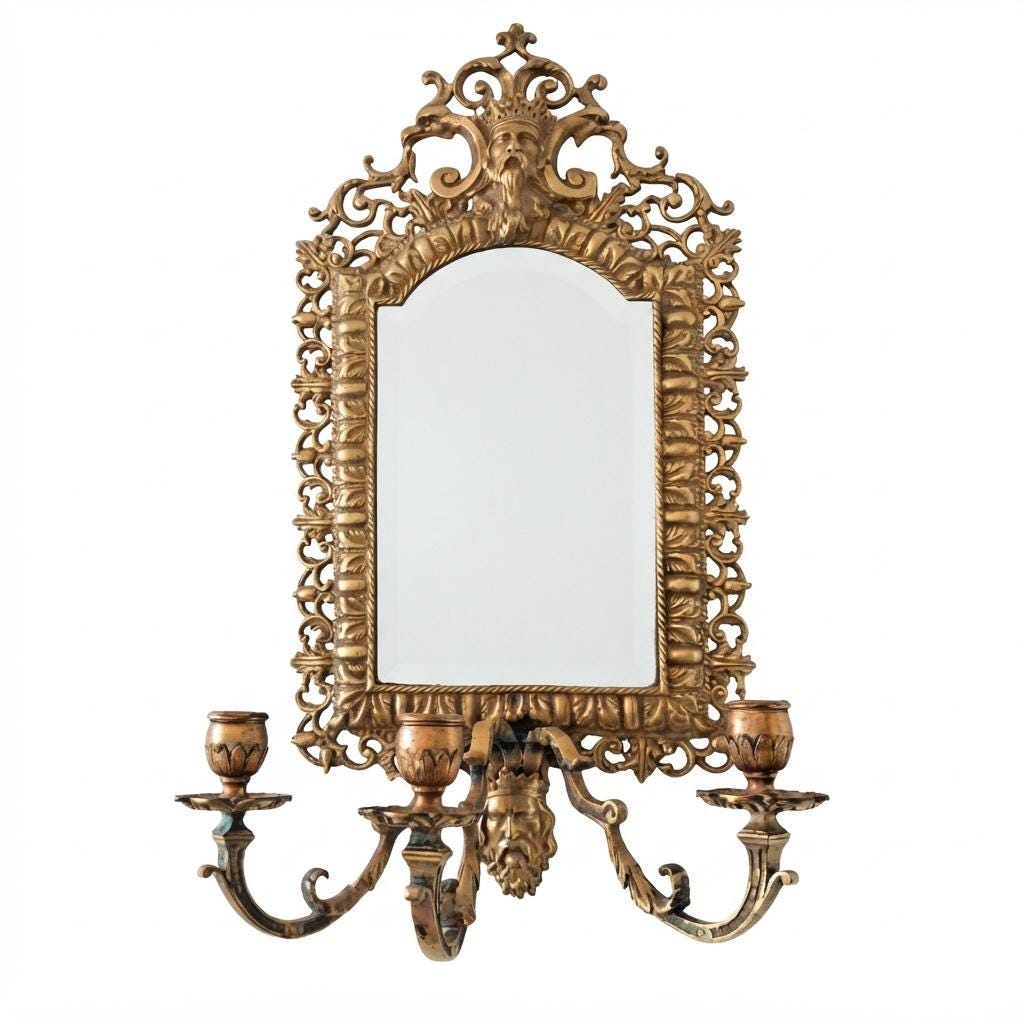 Antique Bronze Mirror Wall Sconce, Renaissance Style with Three Candle Arms and Mask Crest — Continental, 19th Century