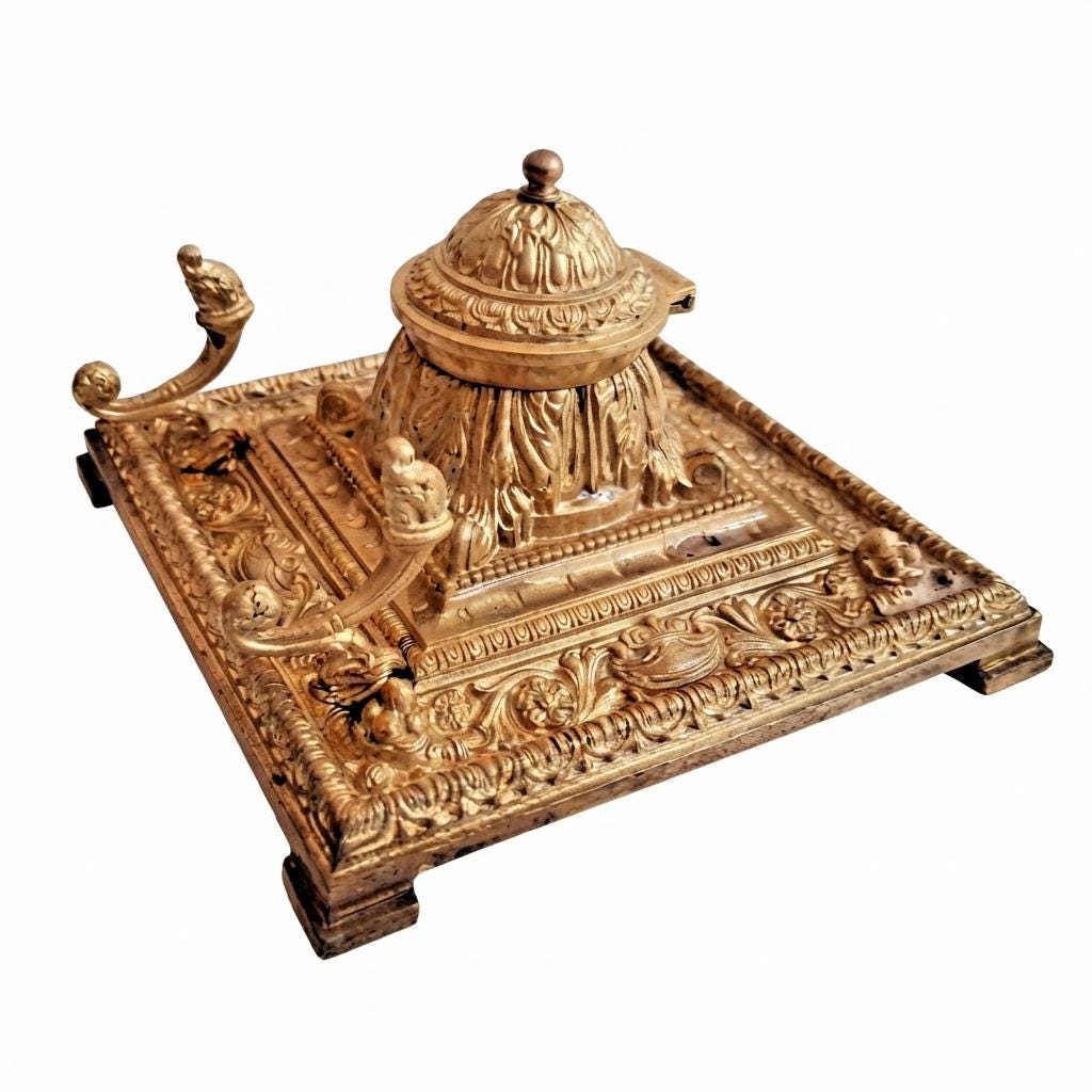 Antique French Victorian Bronze Inkwell, Gilt Square Desk Inkstand with Pen Rests — France, 19th Century
