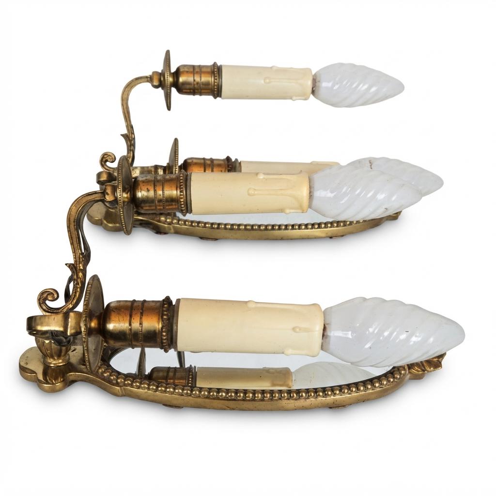 Pair of French Vintage Gilt Brass Wall Sconces, Two Arm with Oval Mirror Backplate — France, Mid-20th Century