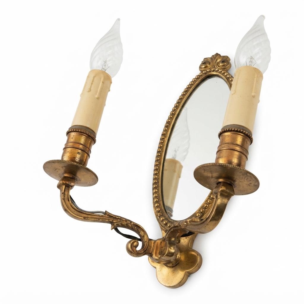 Pair of French Vintage Gilt Brass Wall Sconces, Two Arm with Oval Mirror Backplate — France, Mid-20th Century