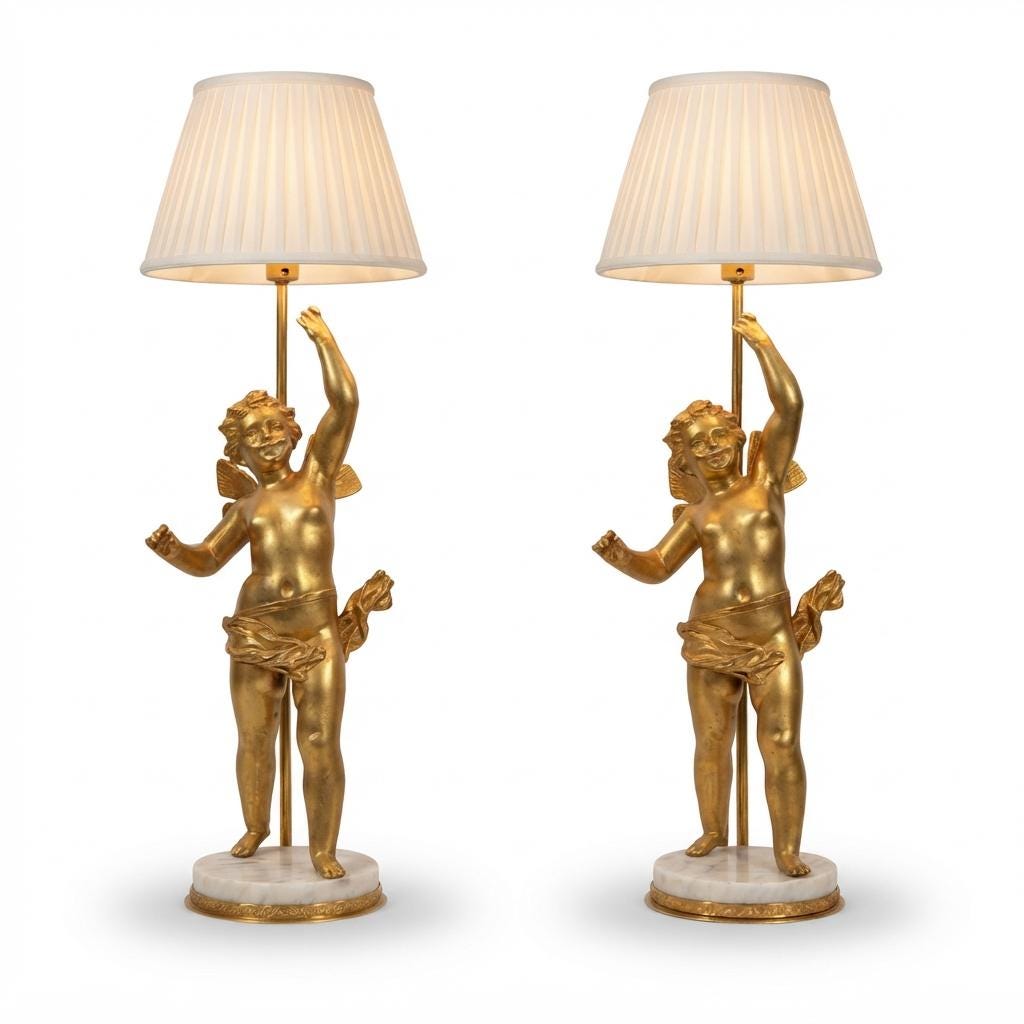 Pair of French Gilt Putti Table Lamps, Winged Cherub Figures on White Marble Bases — France, Early 20th Century