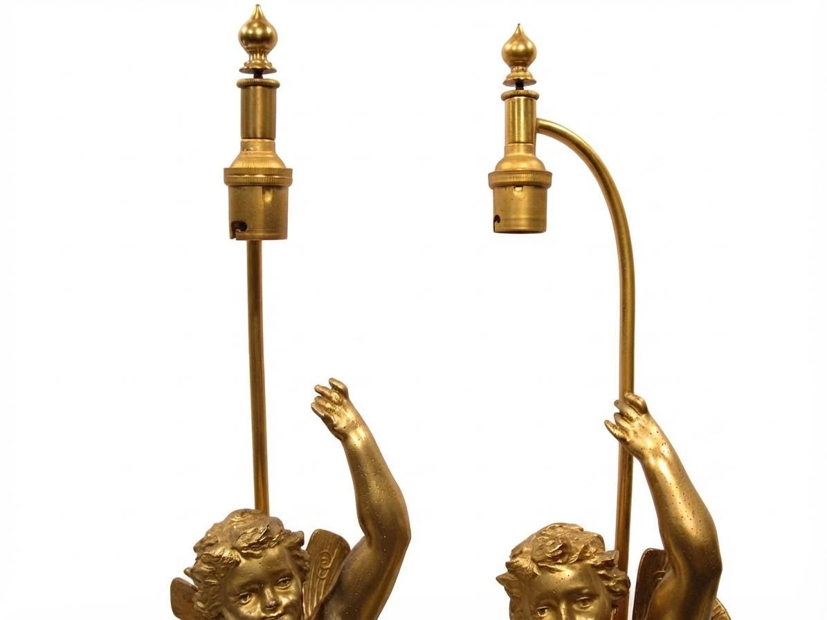 Pair of French Gilt Putti Table Lamps, Winged Cherub Figures on White Marble Bases — France, Early 20th Century