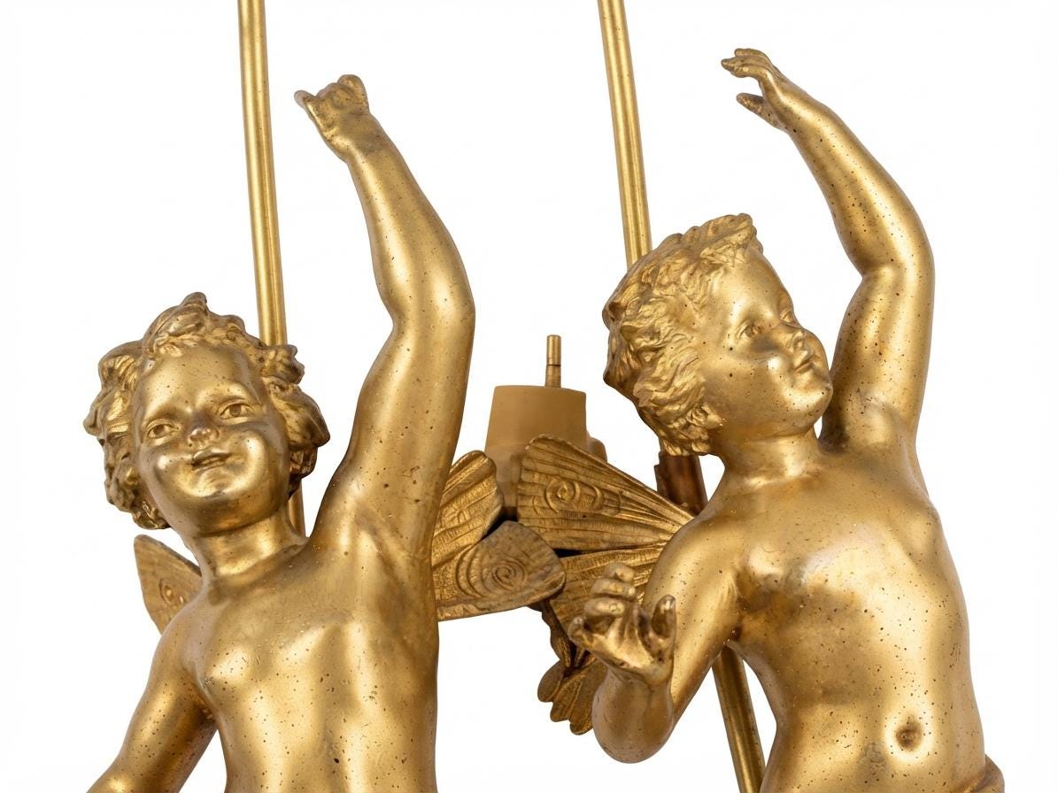 Pair of French Gilt Putti Table Lamps, Winged Cherub Figures on White Marble Bases — France, Early 20th Century