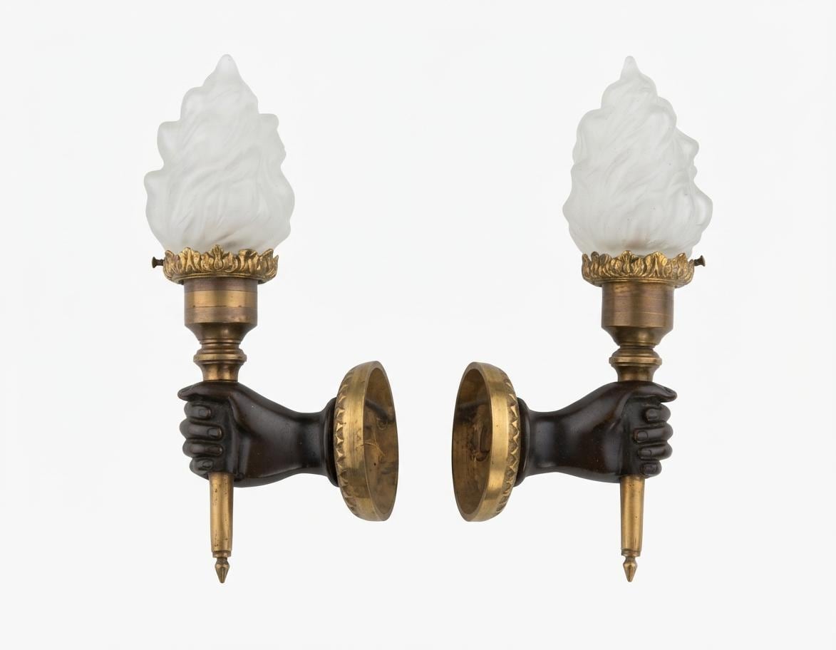 Pair of French Bronze Wall Sconces, Hand Holding Torch with Frosted Flame Glass Globes — France, Mid-20th Century