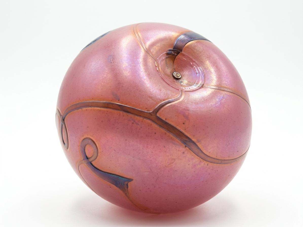 Signed Art Glass Vase, Aconito Guyot Biot, Iridescent Blue on Rose — France, 1988