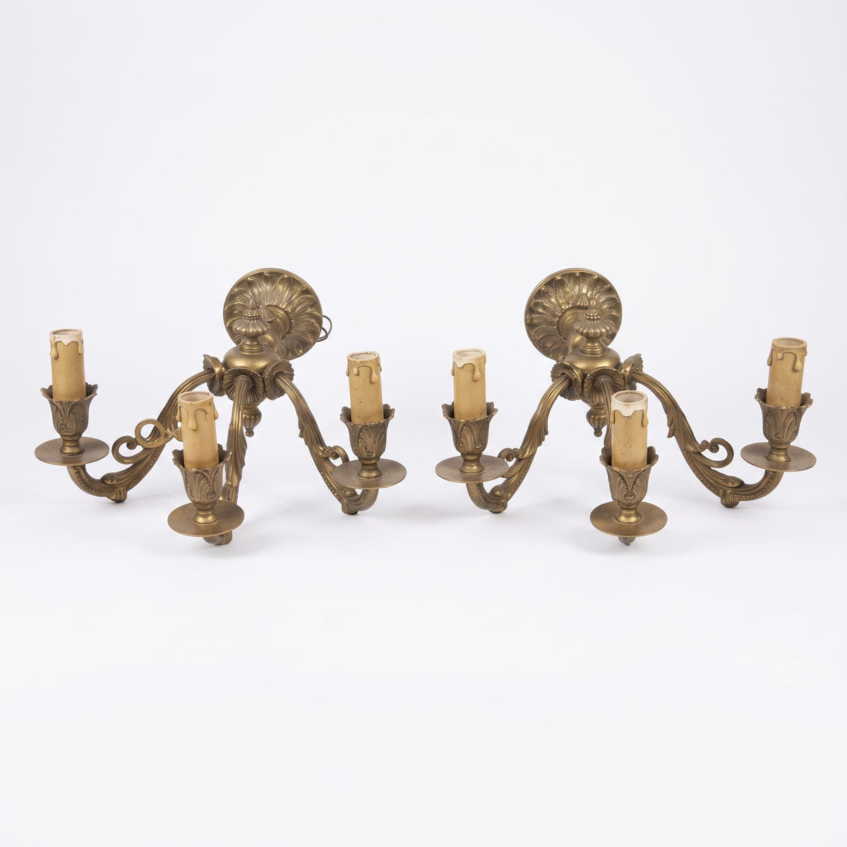 Pair of French Gilt Bronze Three-Arm Wall Sconces, Louis XV Style — France, Early 20th Century