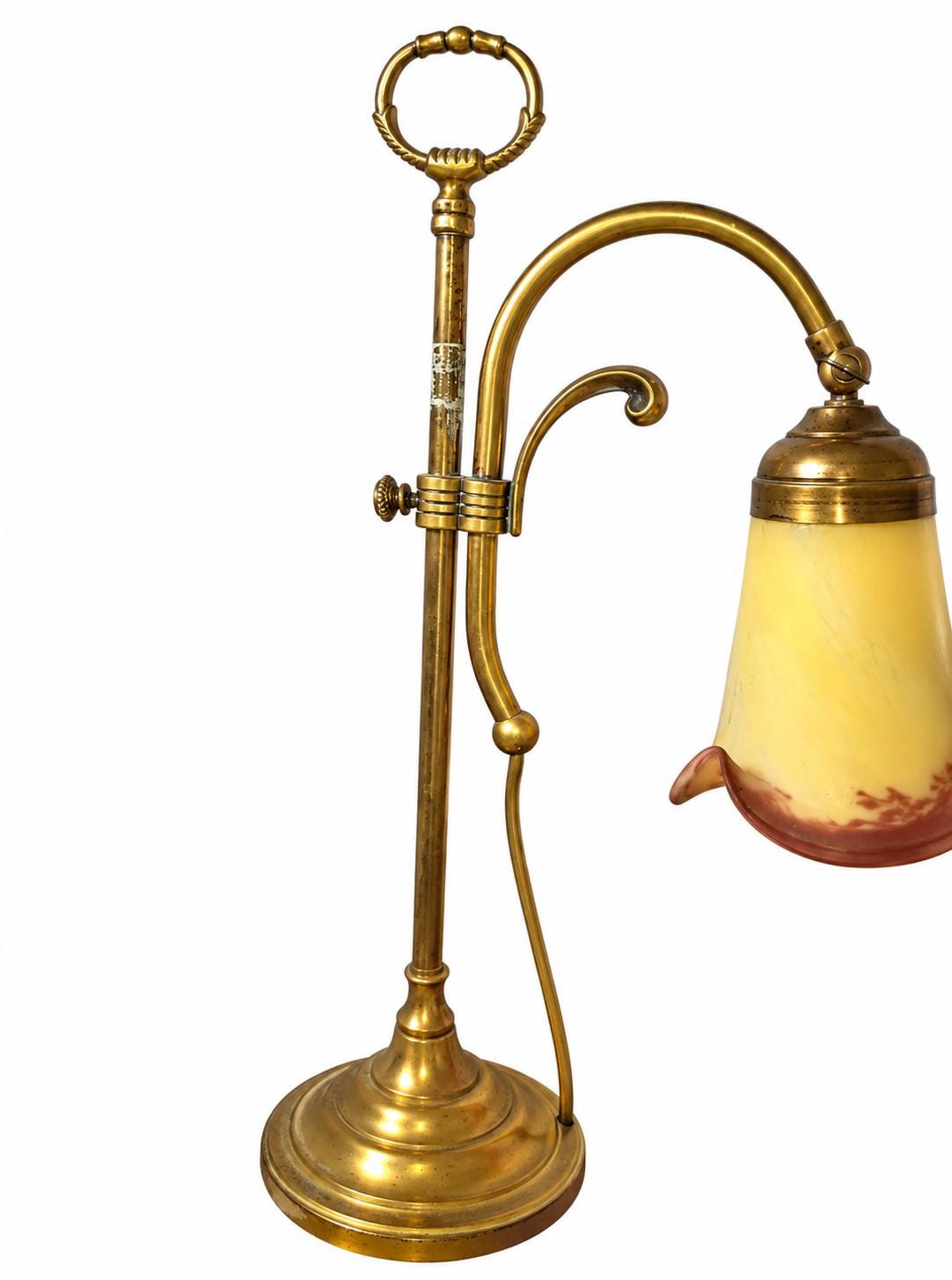 Antique French Brass Adjustable Desk Lamp, Signed Vianne Pâte de Verre Shade — France, Mid-20th Century