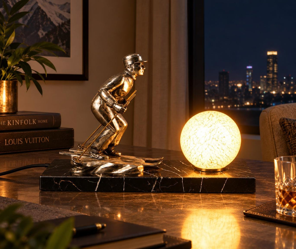 Antique French Art Deco Skier Sculpture Lamp, Signed L. Brunswick, Silvered Régule on Marble — France, circa 1930