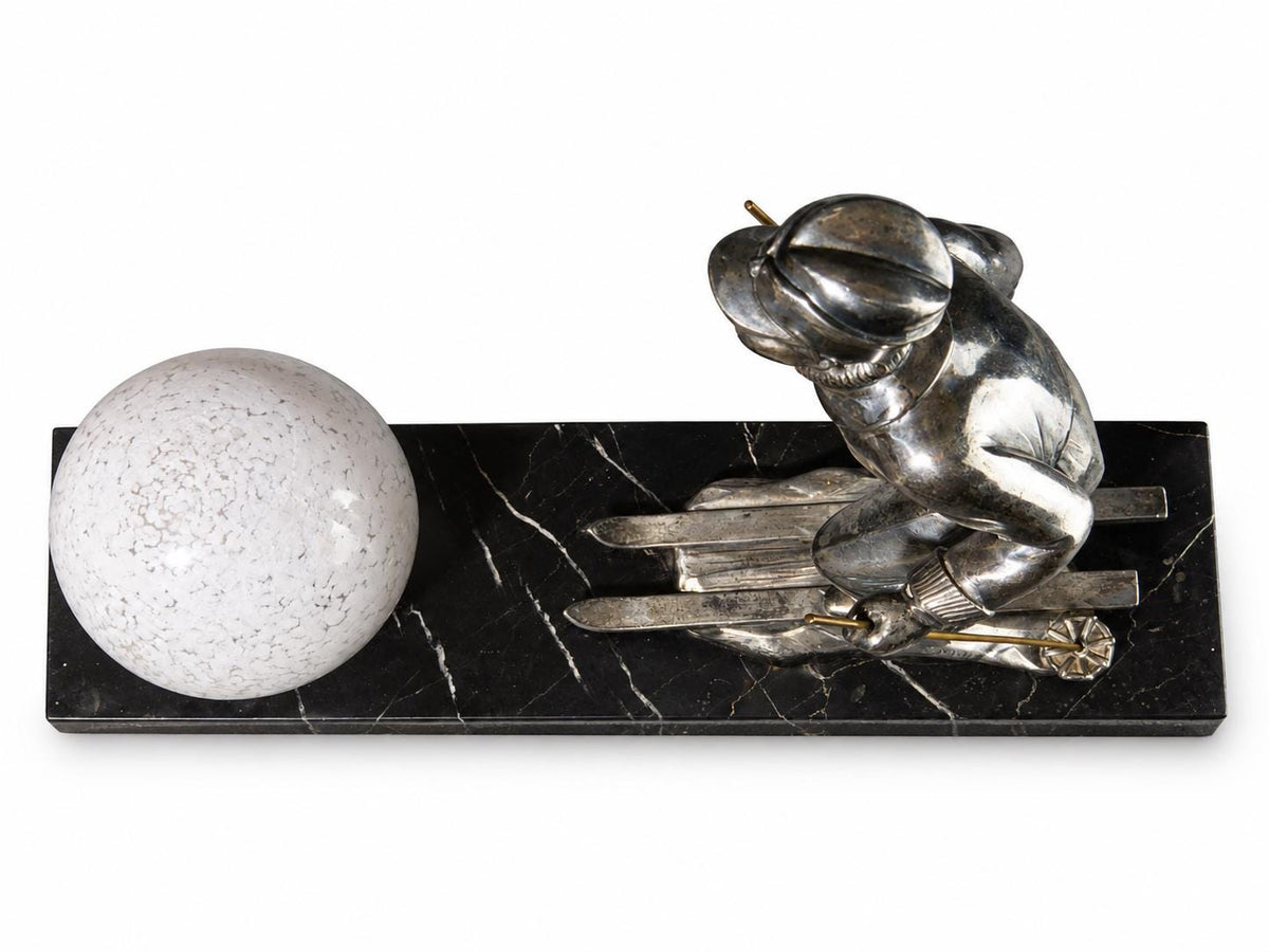 Antique French Art Deco Skier Sculpture Lamp, Signed L. Brunswick, Silvered Régule on Marble — France, circa 1930