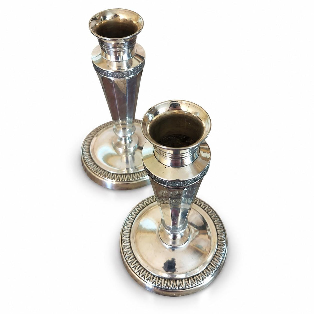Pair of French Silver-Plated Empire Style Candlesticks, Palmette and Fluted Column — France, Early 20th Century